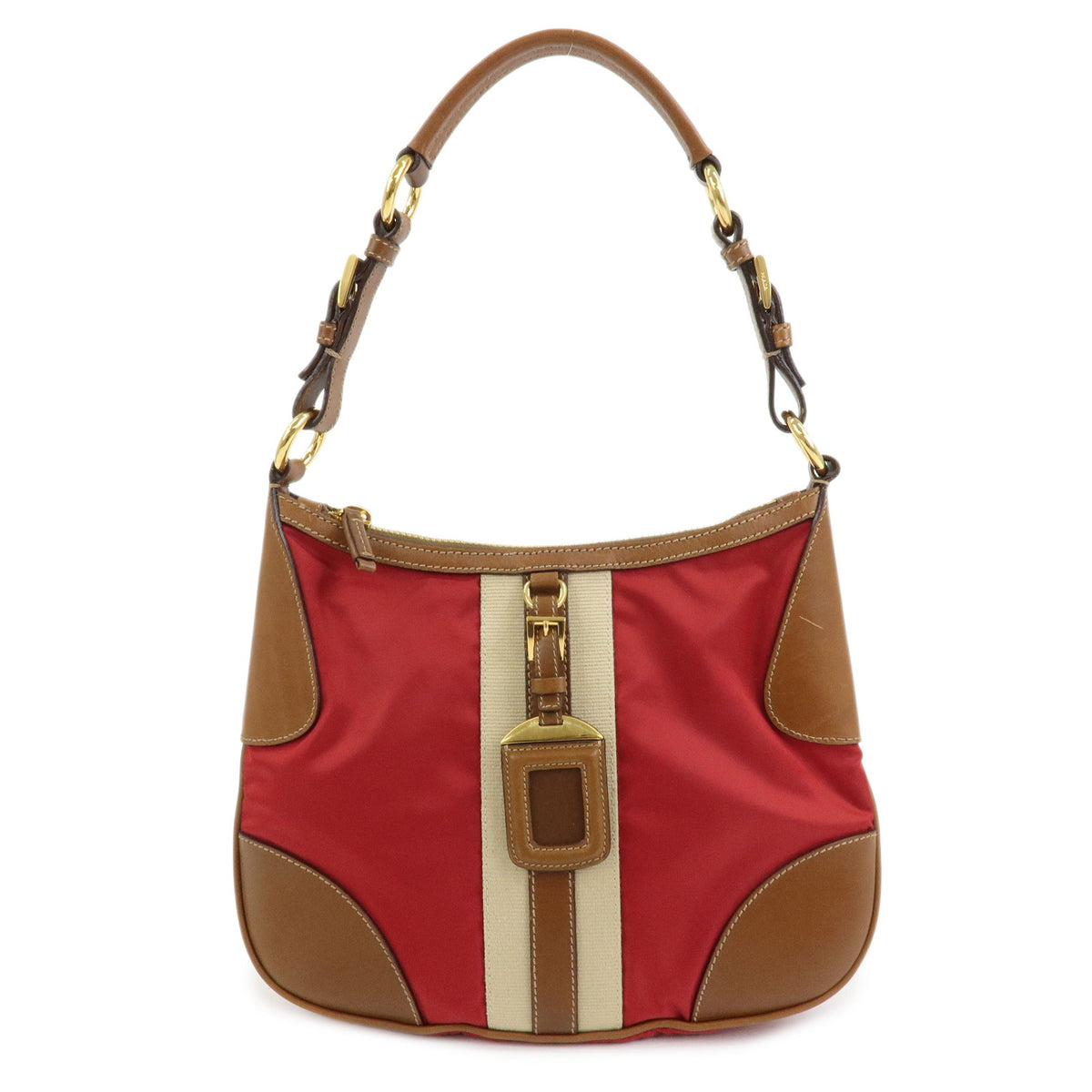 PRADA Triangle Logo Nylon Leather Shoulder Bag Red Beige Brown
