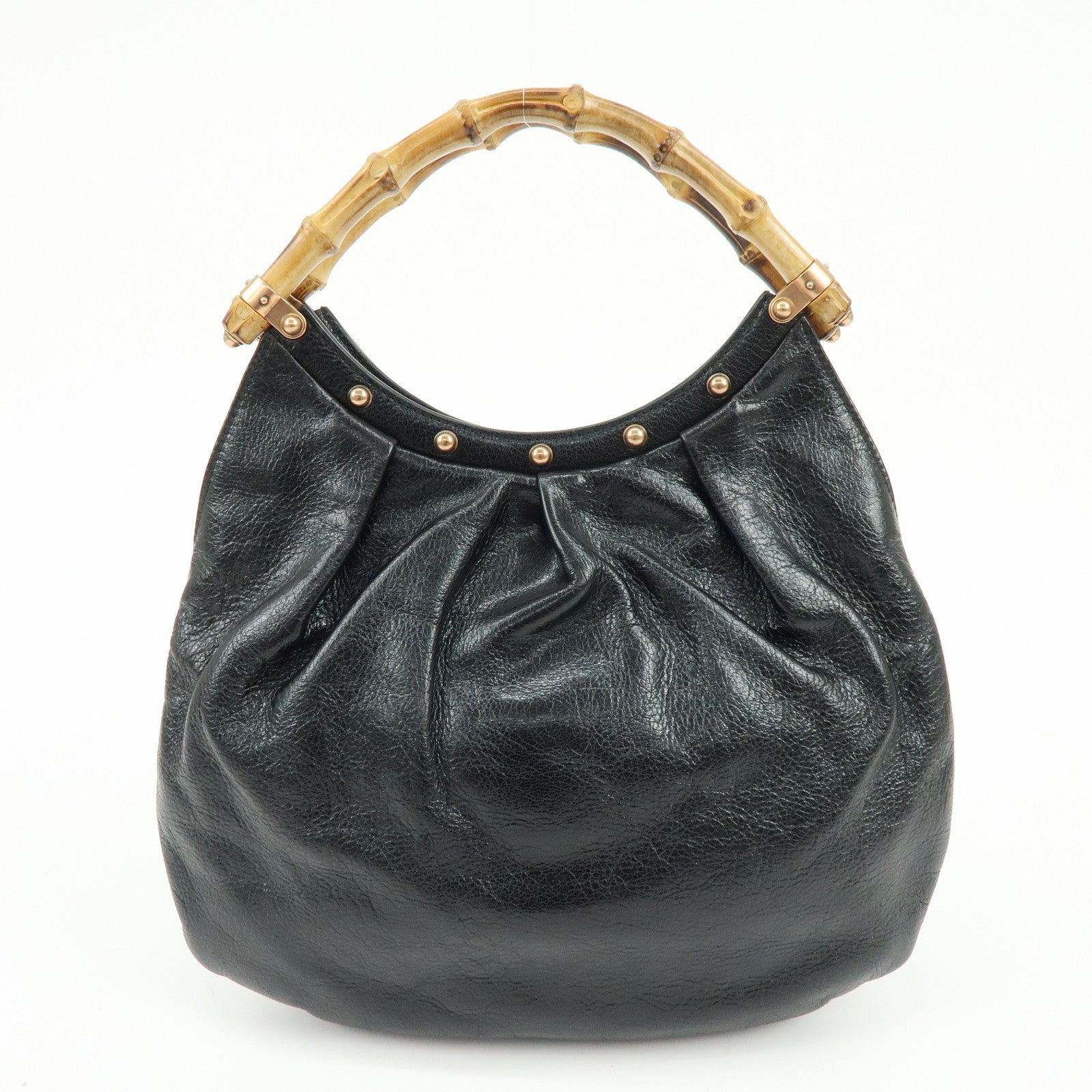 GUCCI Bamboo Leather Studs Hand Bag Tote Bag Black