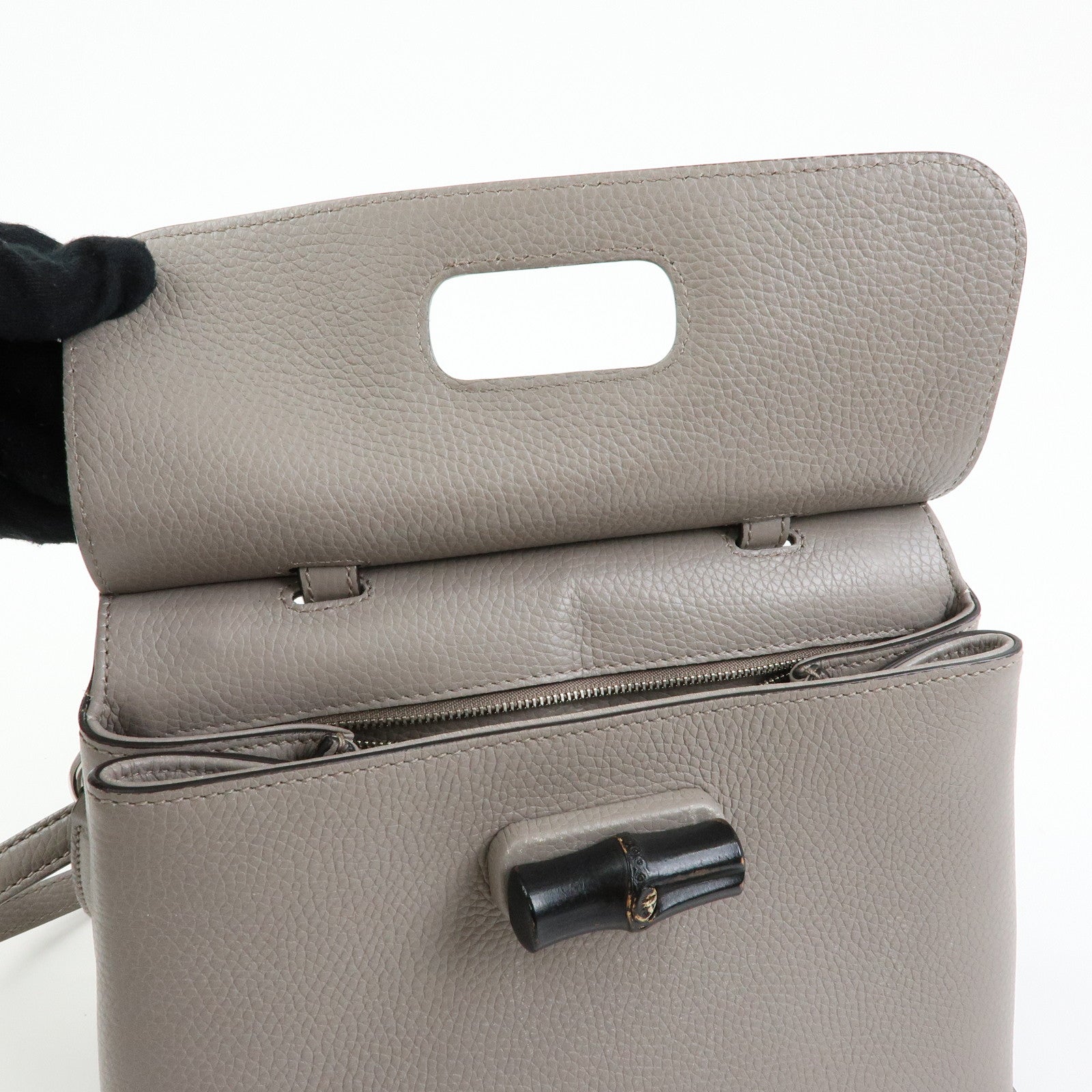 GUCCI Bamboo Leather 2Way Bag Hand Bag Shoulder Bag Grey 370831