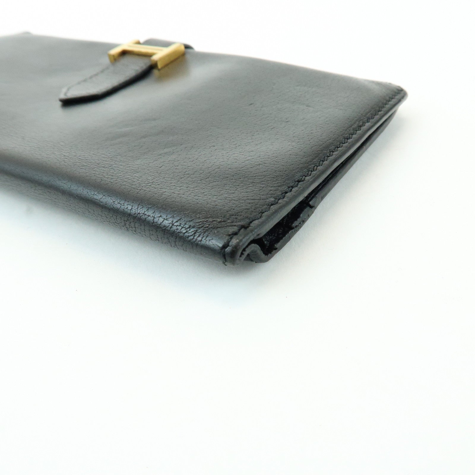 HERMES Bearn Calf Leather Bi-fold Long Wallet □I Stamped Black