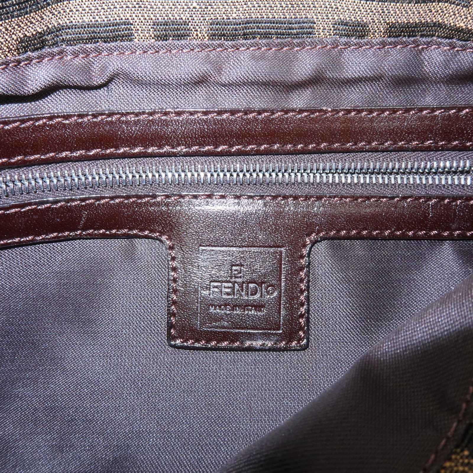 FENDI Mamma Baguette Zucca Canvas Leather Shoulder Bag Brown 26424