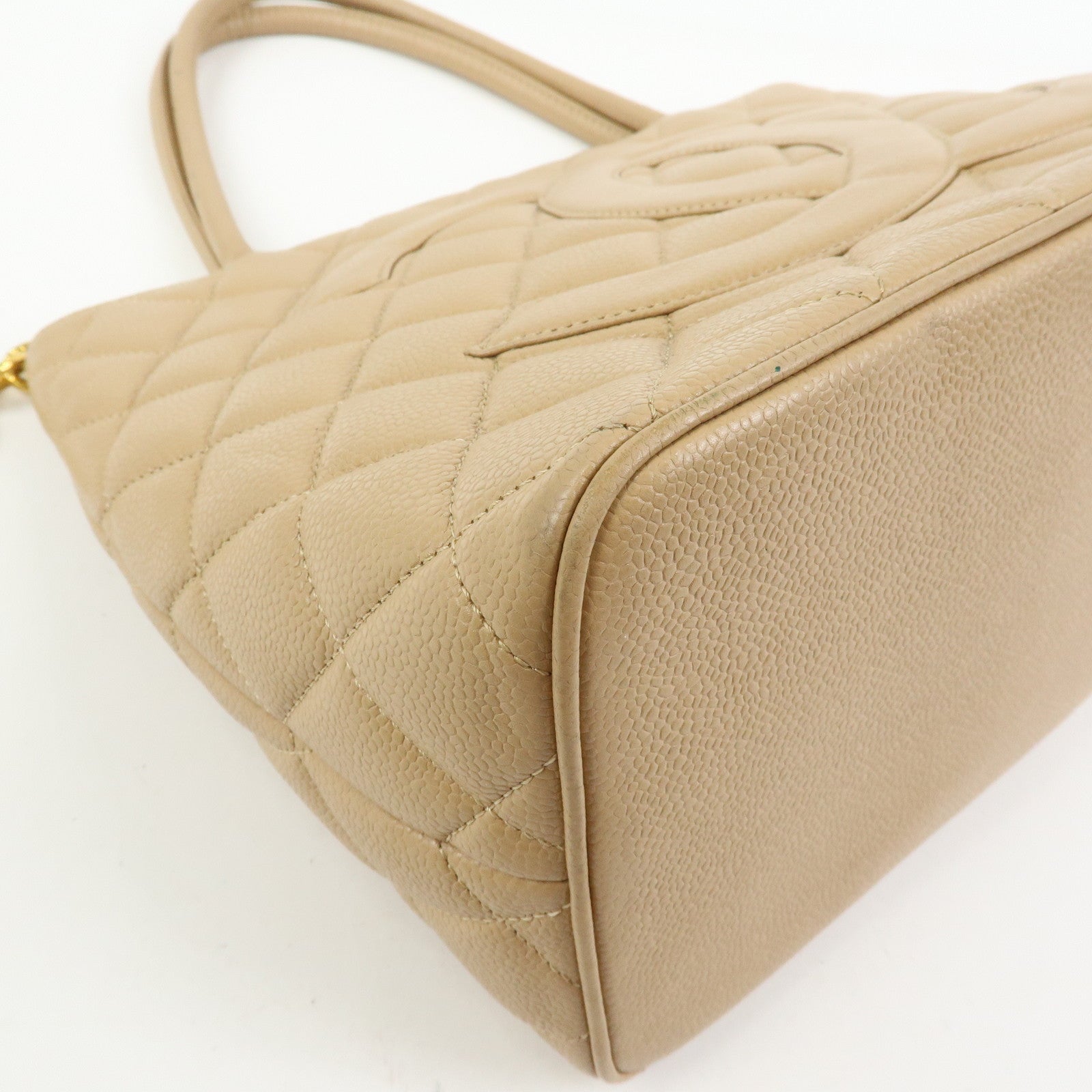 CHANEL Medallion Matelasse COCO Mark Caviarskin Tote Bag Beige A01804