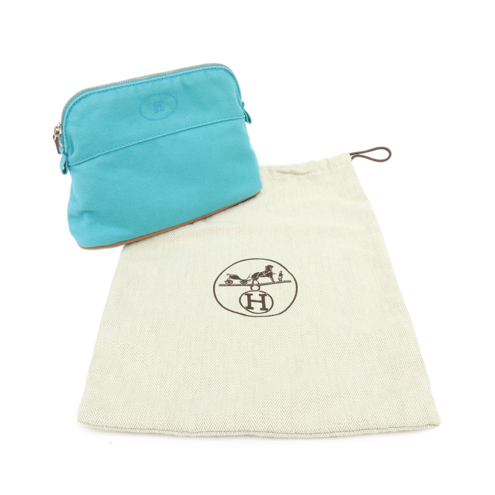 HERMES Bolide Pouch 20 Cotton 100% Leather Cosmetic Pouch Blue
