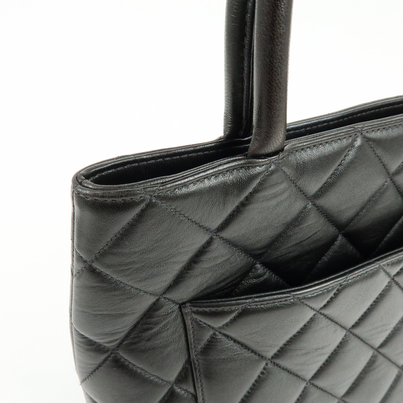 CHANEL Matelasse COCO Mark Calf Skin Medallion Tote Bag Black A01804
