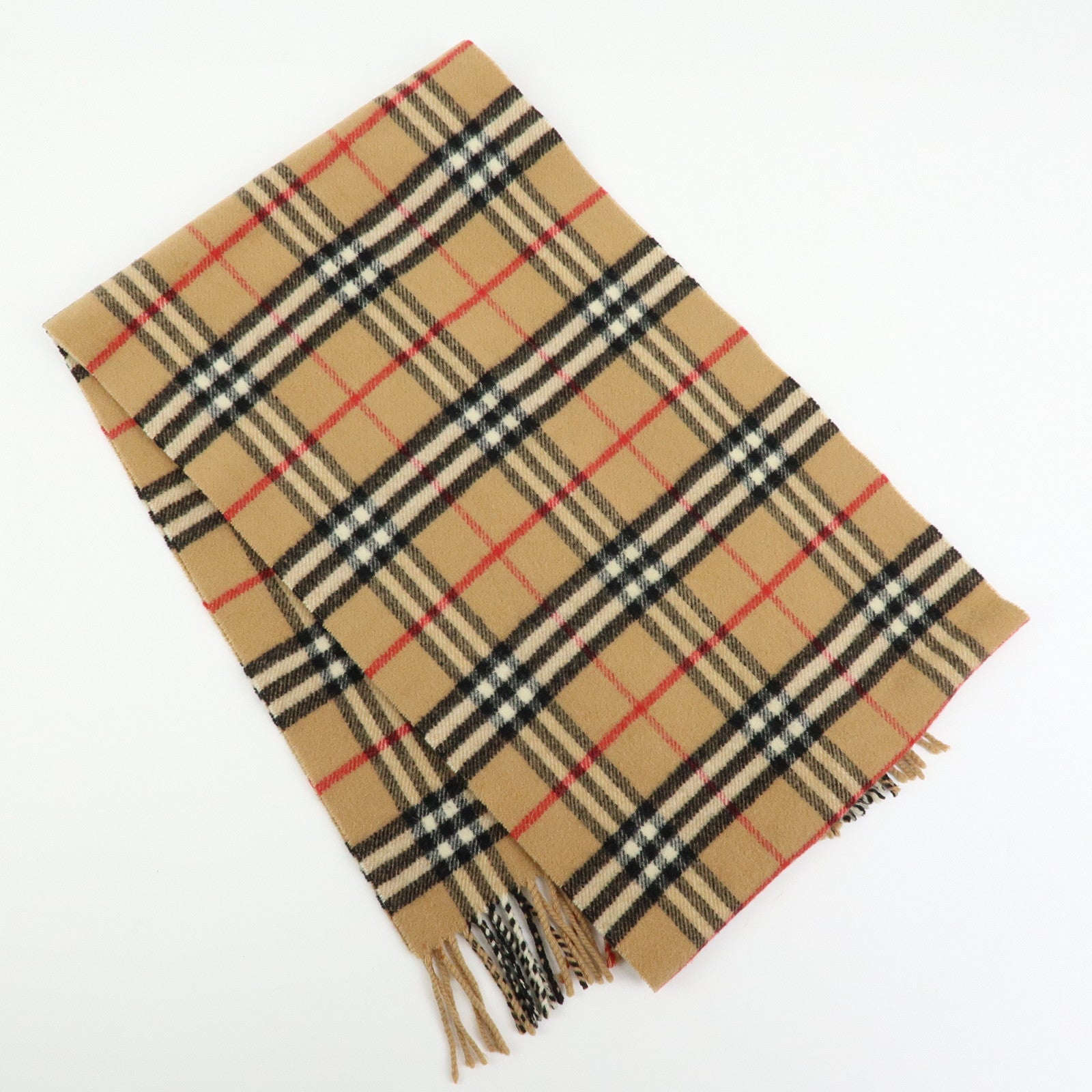 BURBERRY Nova Plaid Wool 100% Fringe Scarf Camel Black Red