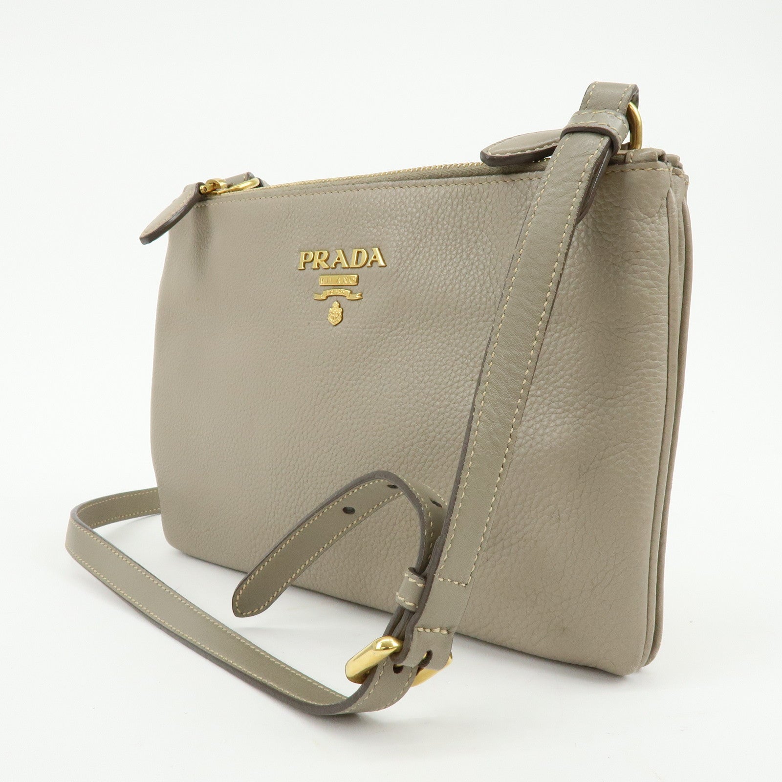 PRADA Logo Leather Shoulder Bag Crossbody Bag Beige 1BH046