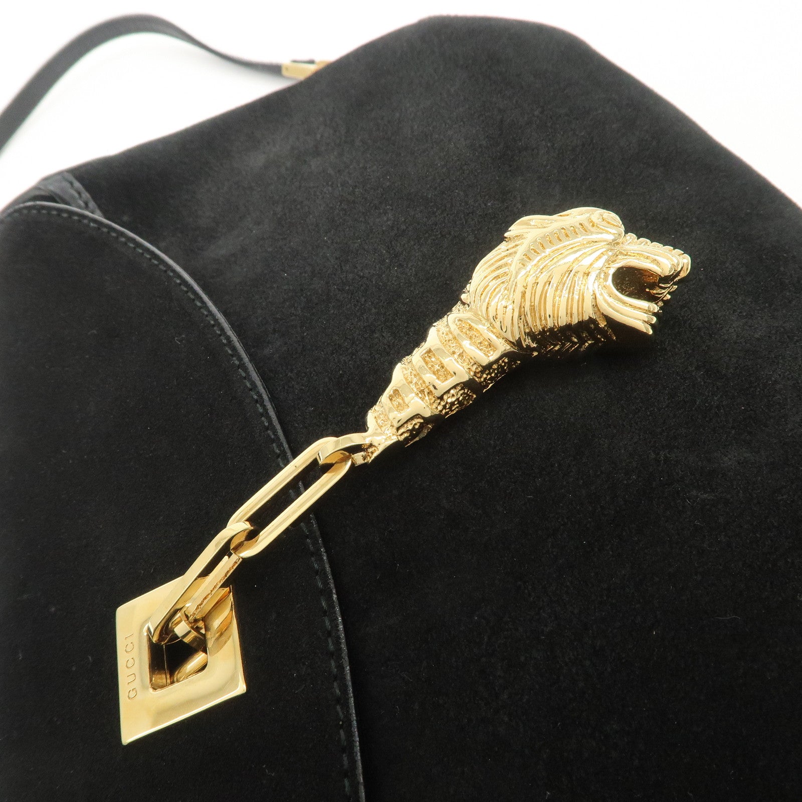 GUCCI Tigar Head Suede Leather Chain Shoulder Bag Black 001.4113 Used