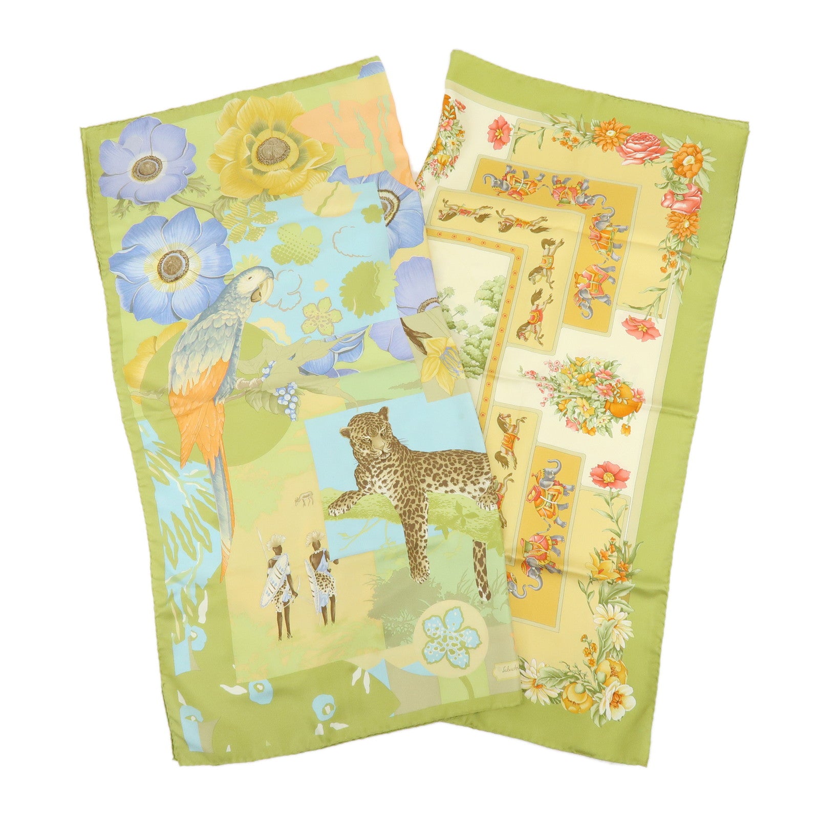 Ferragamo Set of 2 Silk 100% Scarf Tiger Elephant Print Light Green
