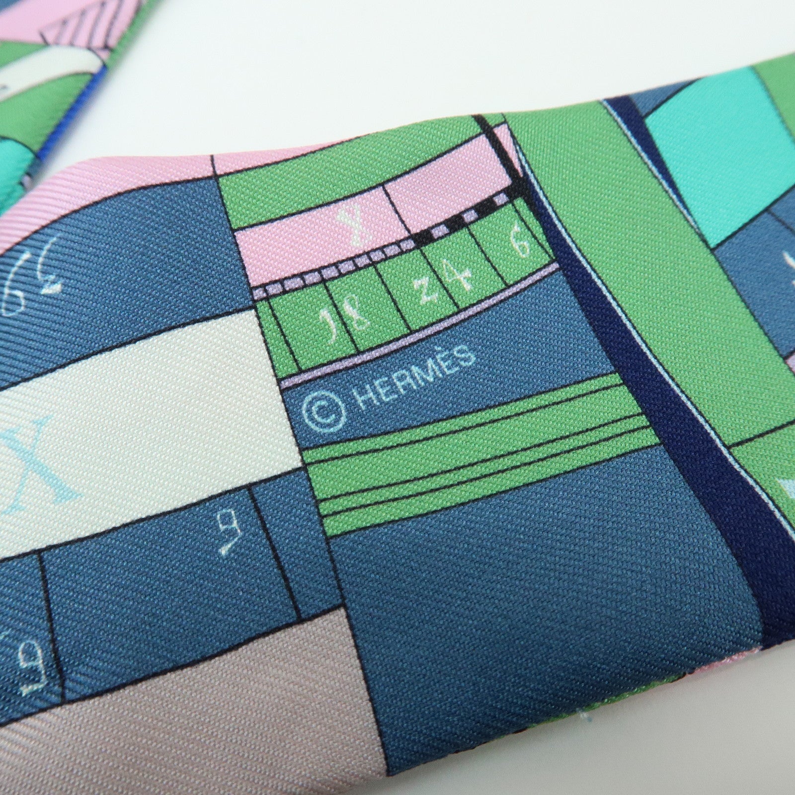 HERMES Twilly Silk 100% Scarf ASTROLOGIE NOUVELLE Green Blue Pink
