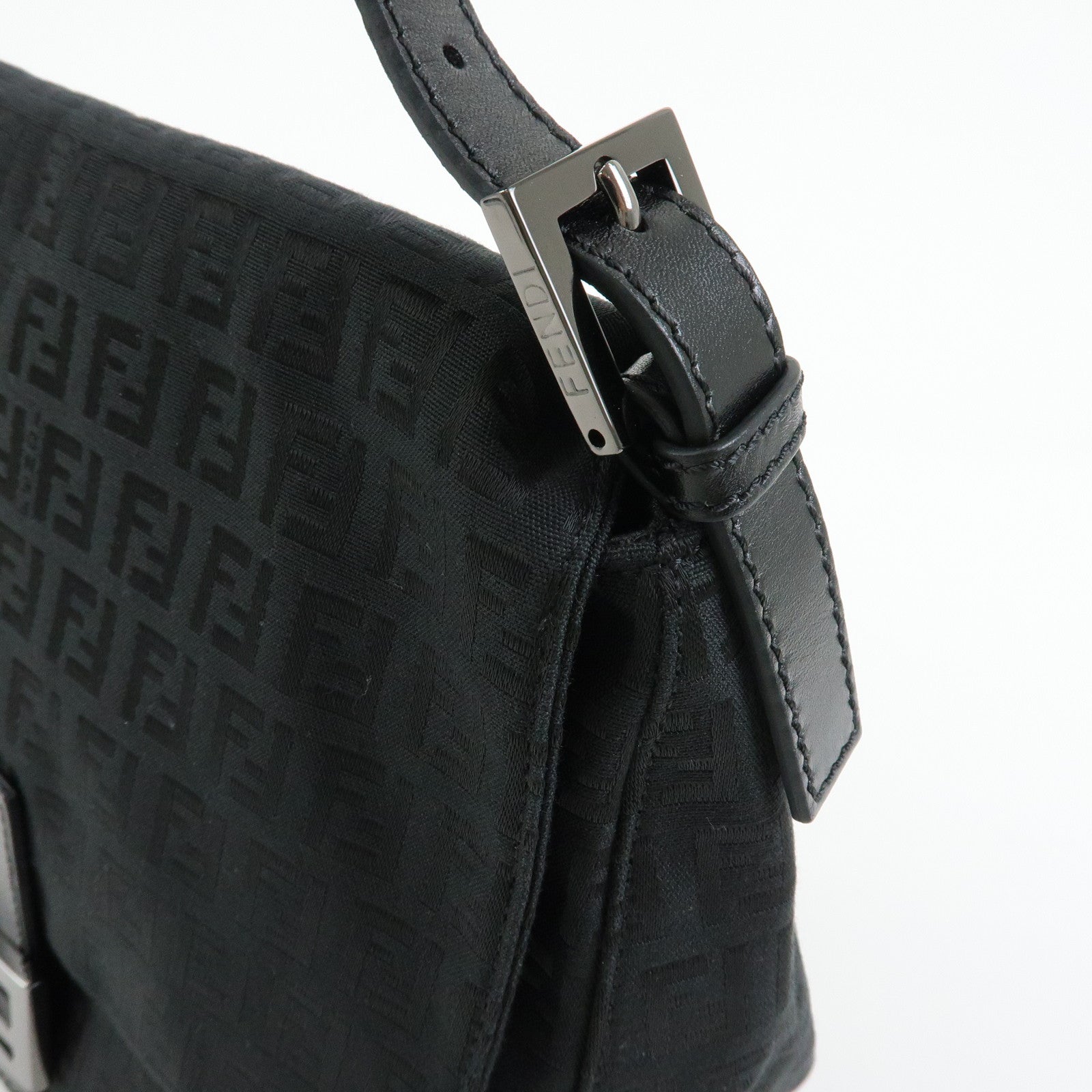 FENDI Mamma Baguette Zucchino Canvas Leather Shoulder Bag Black 8BR001