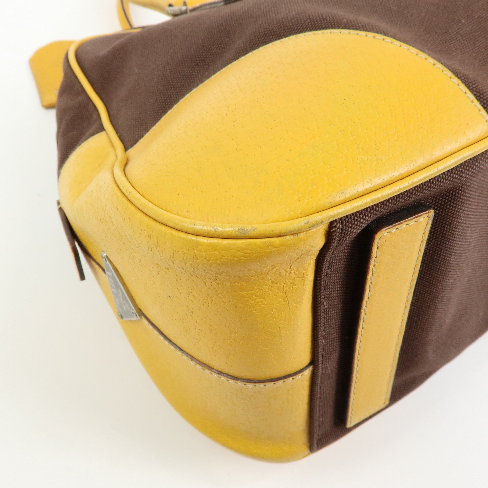 PRADA Triangle Logo Canvas Leather Boston Bag Brown Yellow B10813