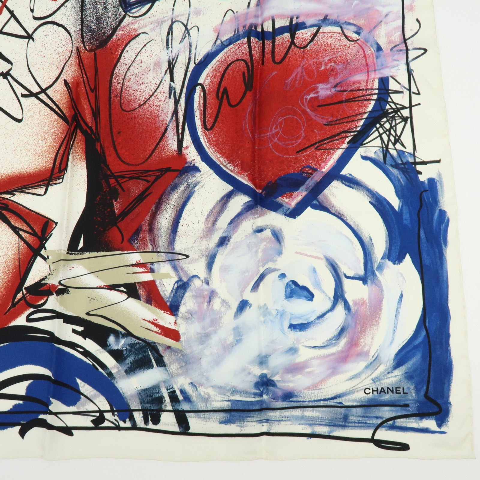 CHANEL Silk 100% Scarf Graffiti Painting LOVE  White Blue Red Black