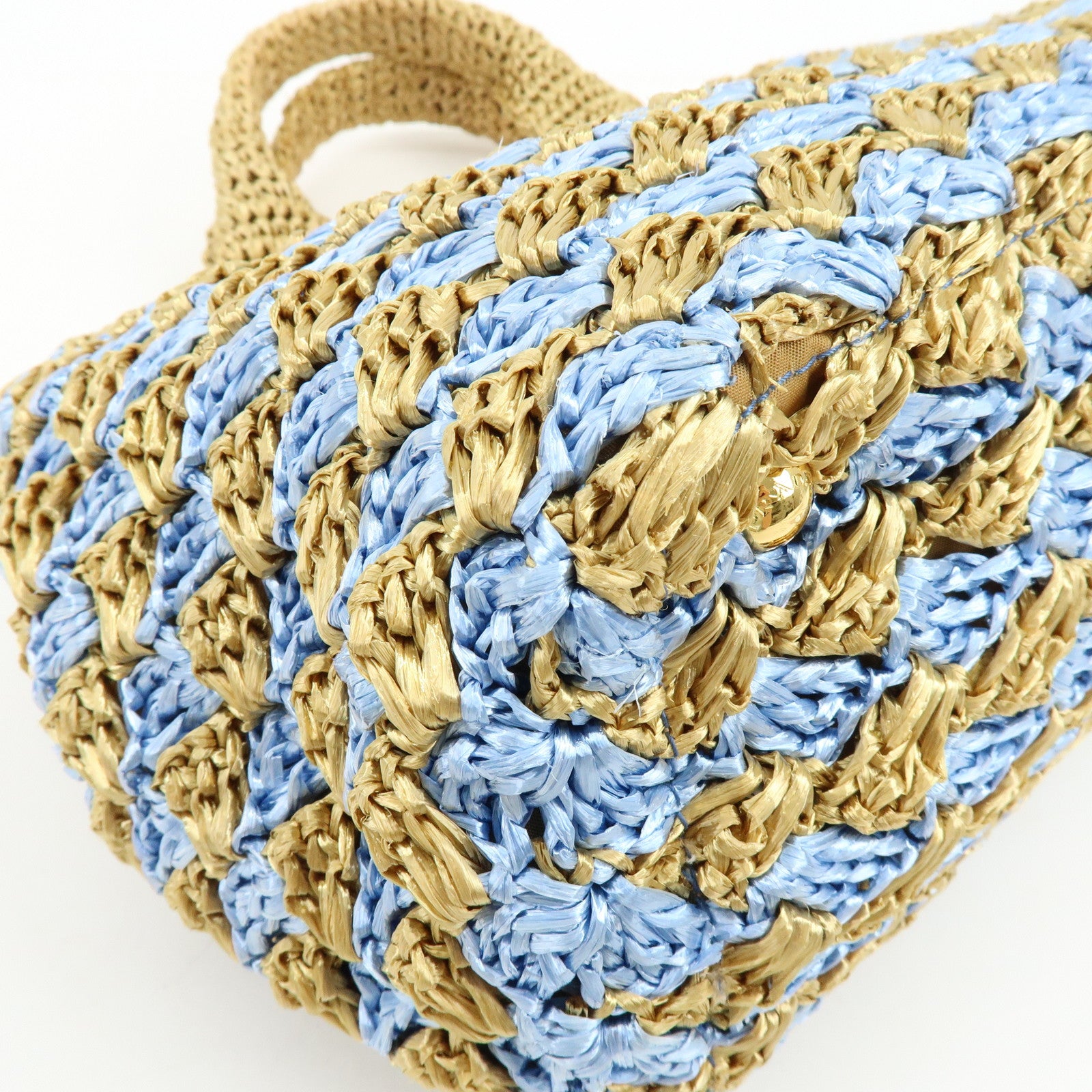 PRADA Traingle Logo Canapa Raffia Tote Bag Hand Bag Natural Blue