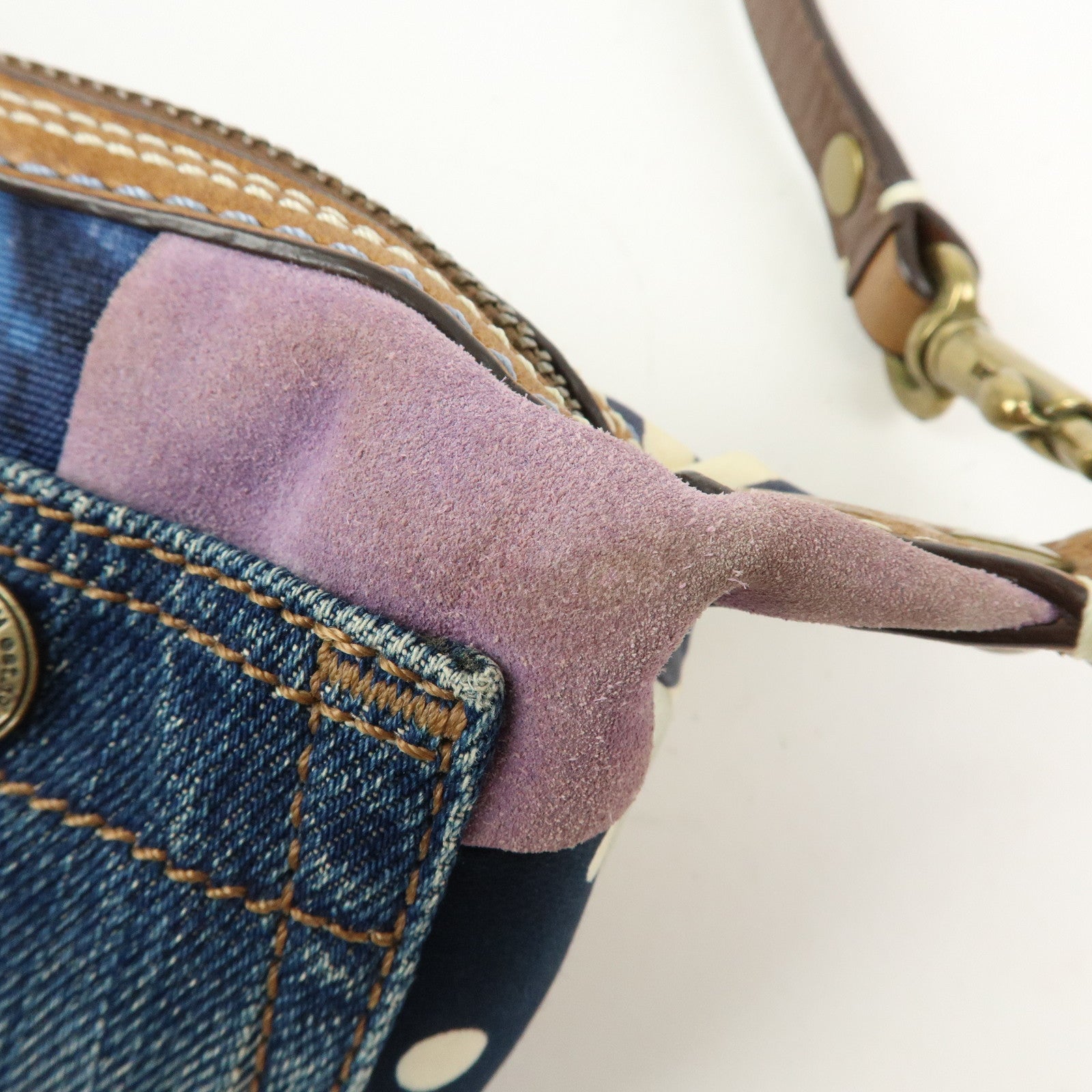 COACH Sigunature Canvas Silk Leather Patchwork Shoulder Bag Blue Brown