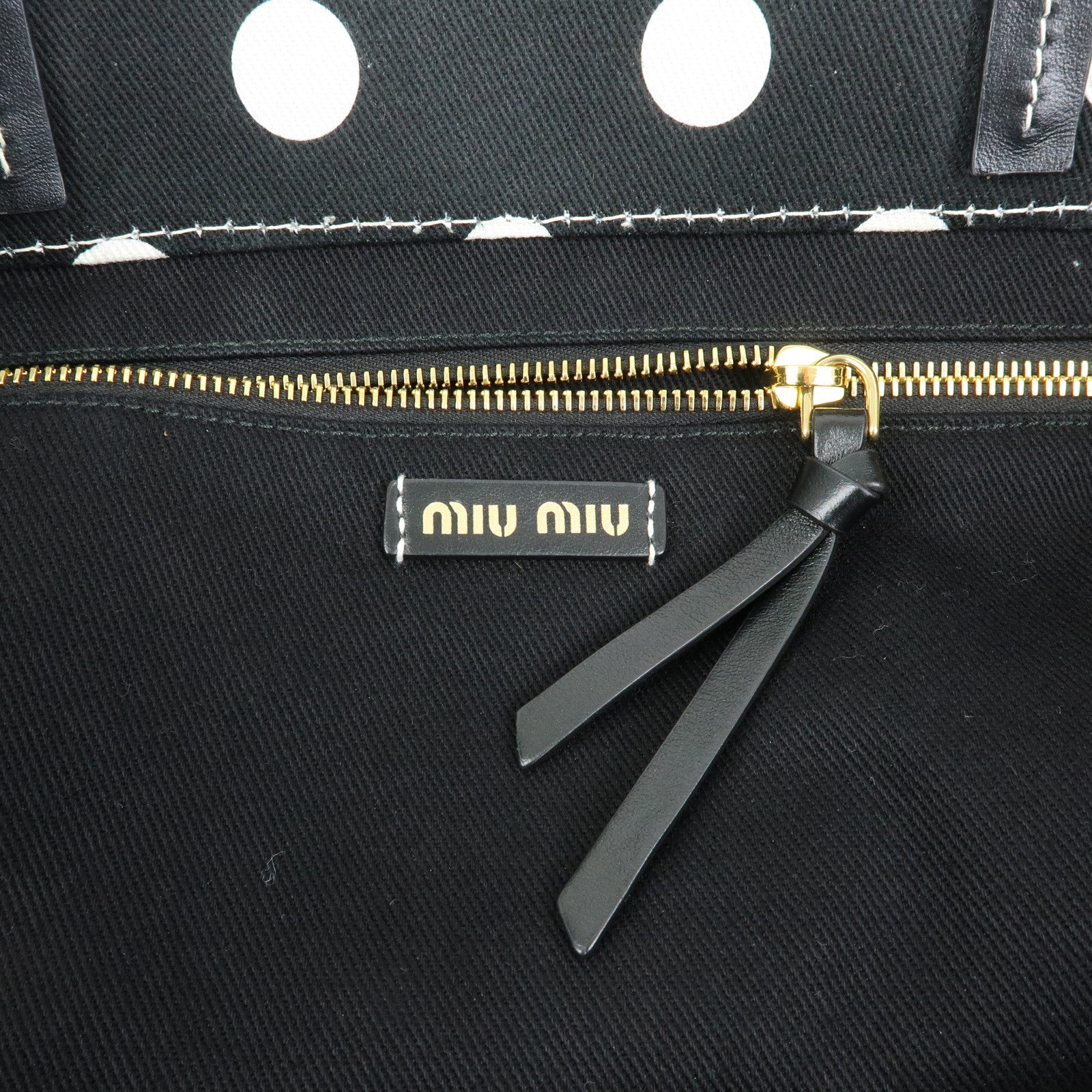 MIU MIU Logo Canvas Leather Polka Dots Tote Shoulder Bag Black 5BG234