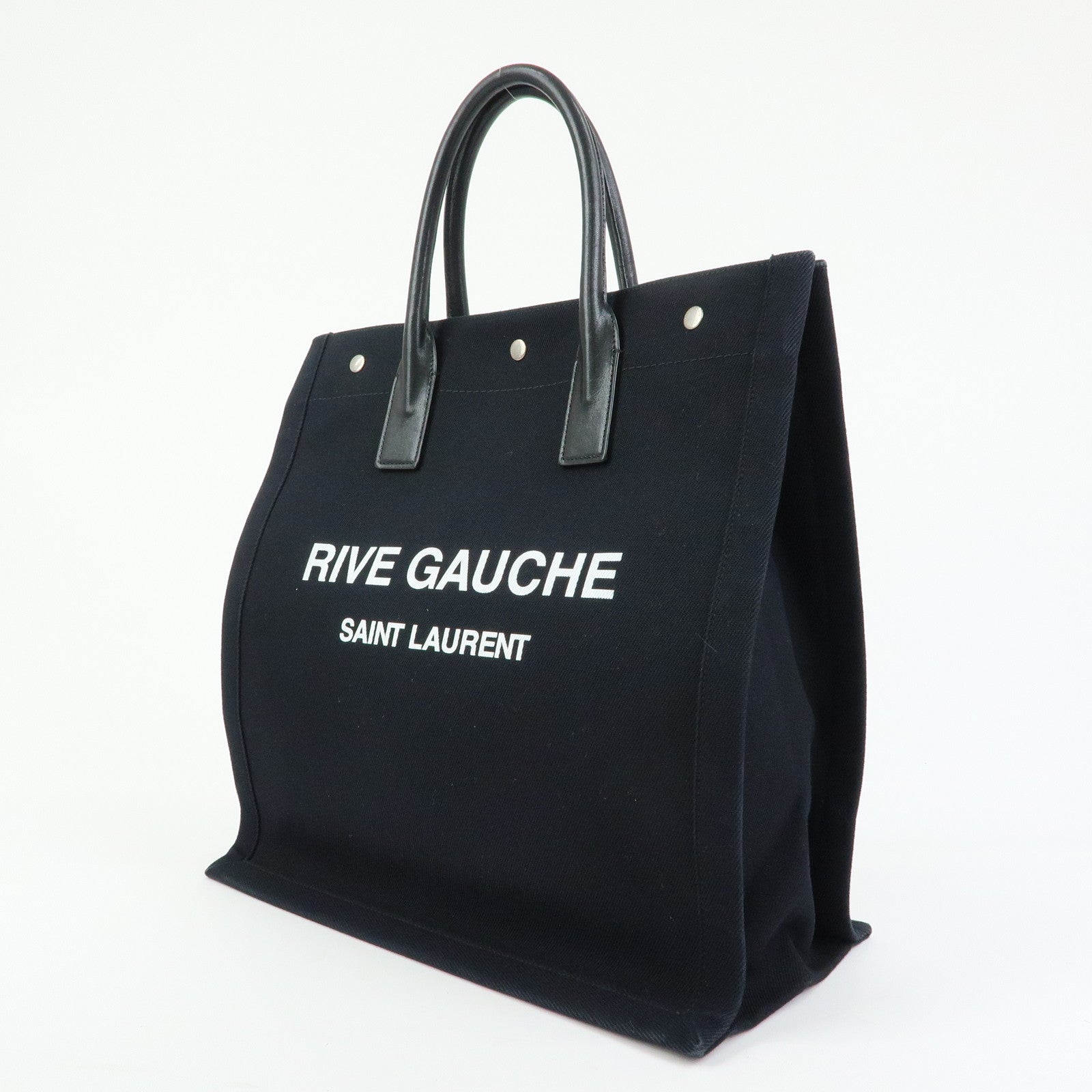 SAINT LAURENT PARIS Rive Gauche Canvas Leather Tote Bag Black 632539