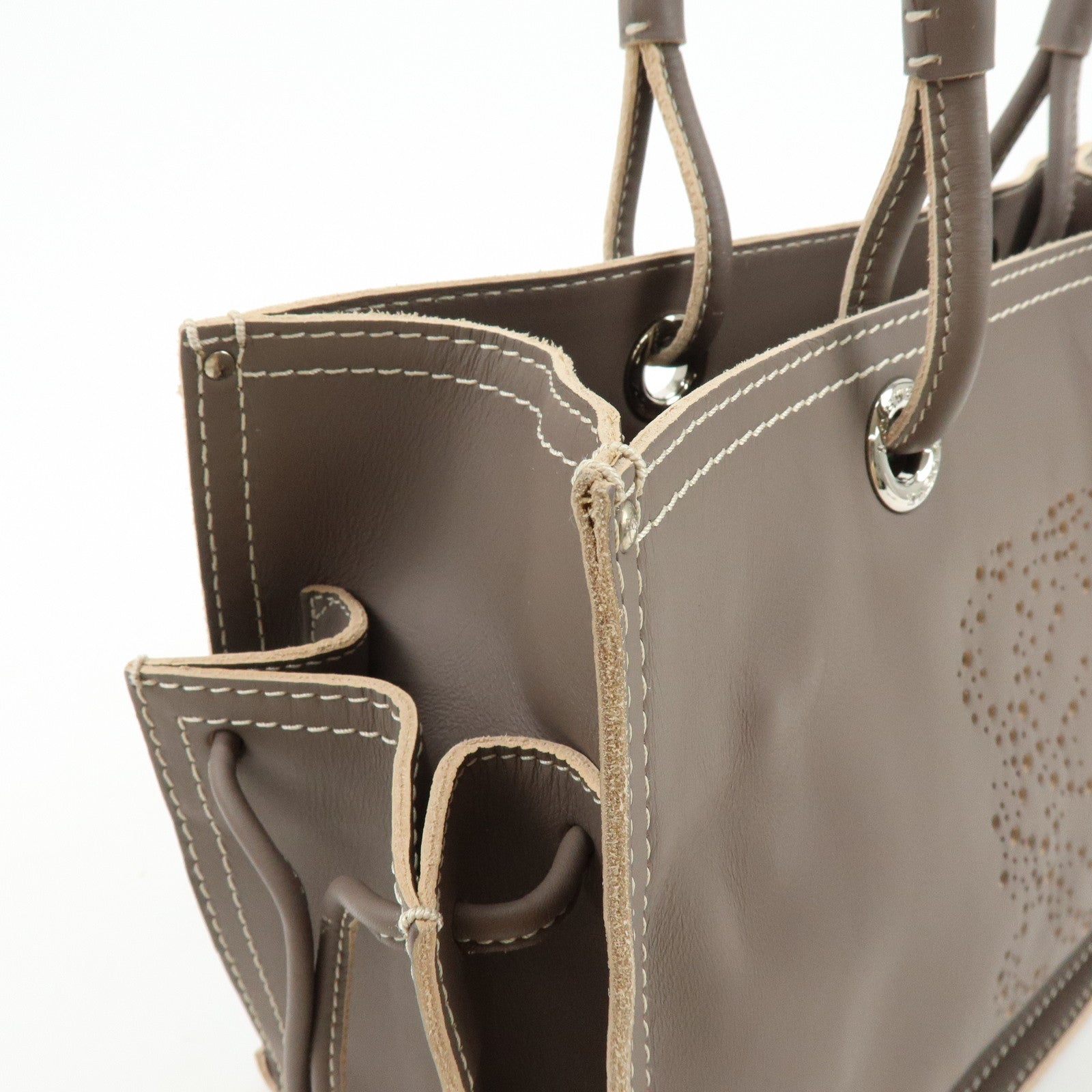 LOEWE Anagram Perforated Shopper Tote Bag Leather Shoulder Bag Brown