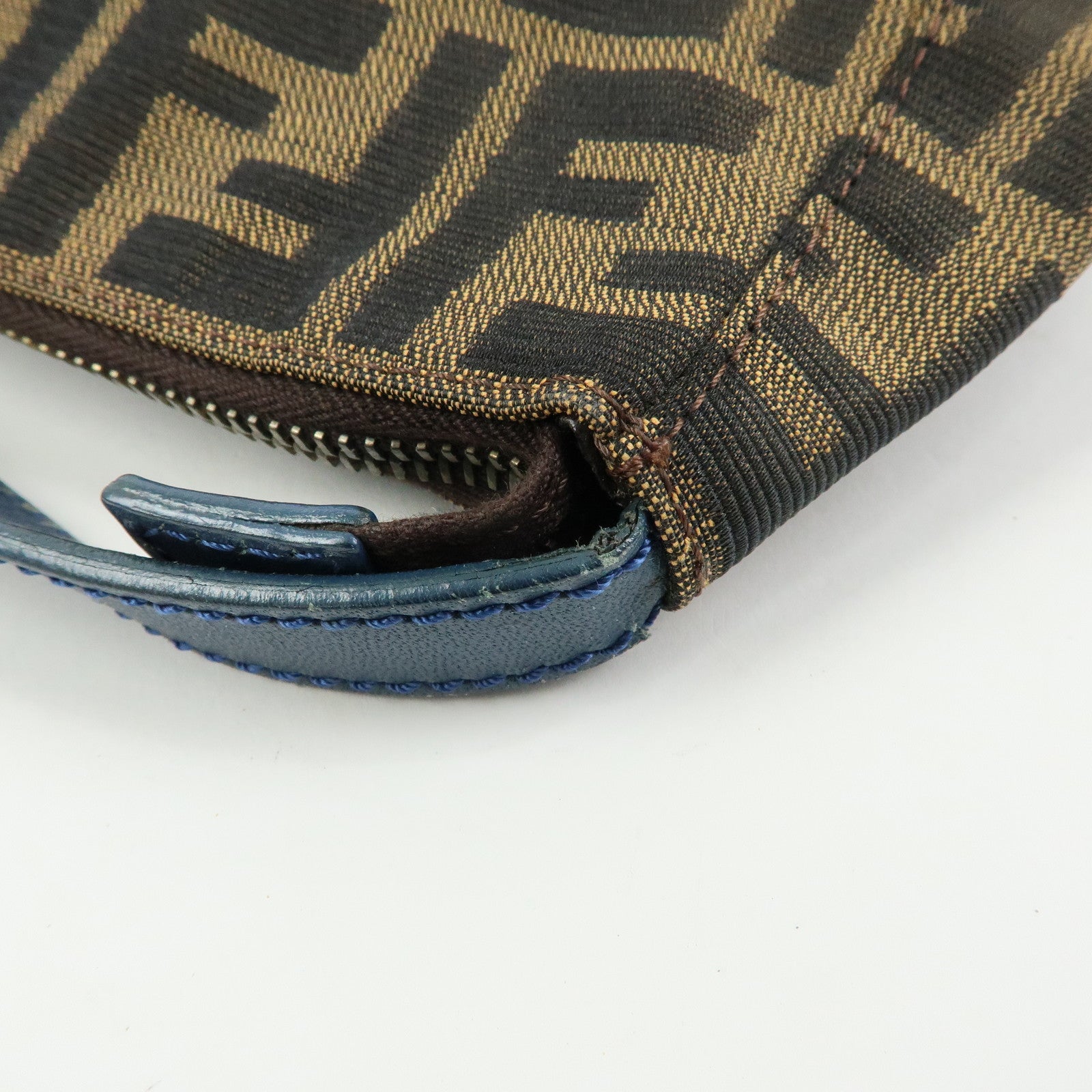 FENDI Zucca Canvas Leather Hand Bag Accessory Pouch Brown Blue 8N0005