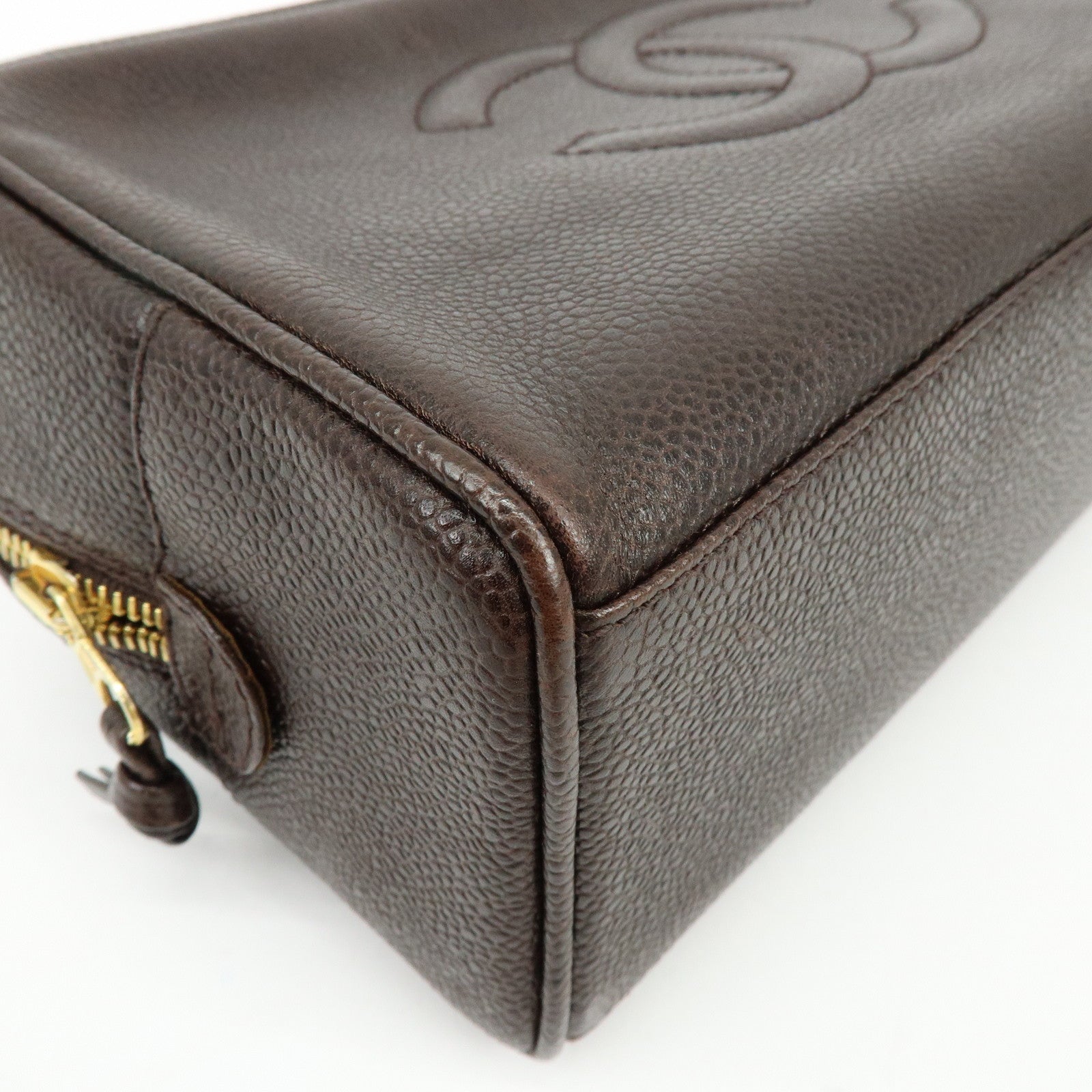 CHANEL COCO Mark Caviarskin Pouch Cosmetic Pouch Dark Brown A01996