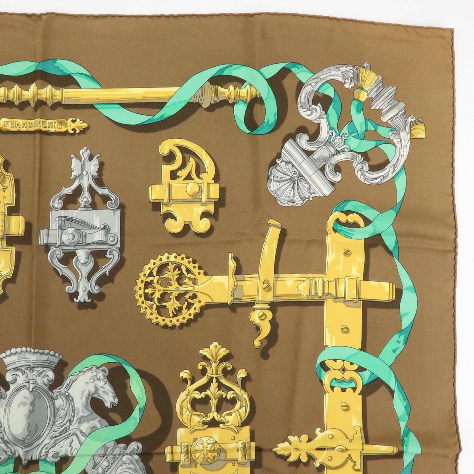 HERMES Carre 90 Silk 100% Scarf Ferronnerie Brown Gold