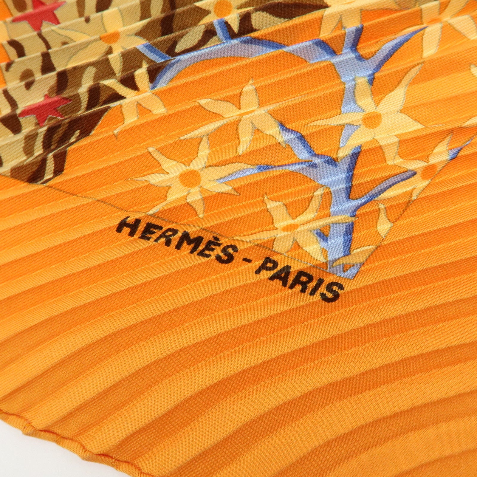 HERMES Pleated Carre Silk 100% Scarf AXIS MUNDI Orange Light Blue