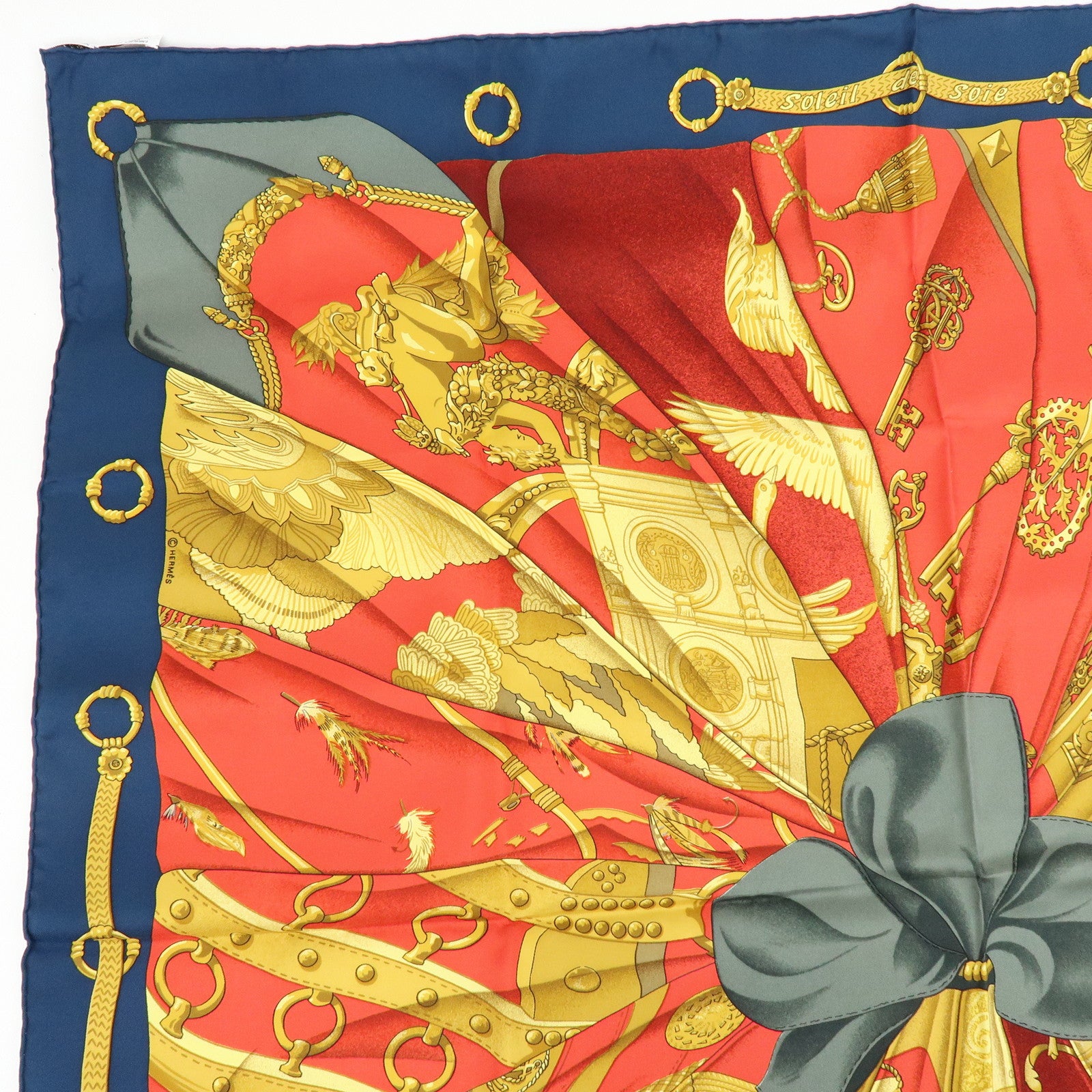 HERMES Carre 90 Silk 100% Scarf Soleil de Soie  Red Navy Gold