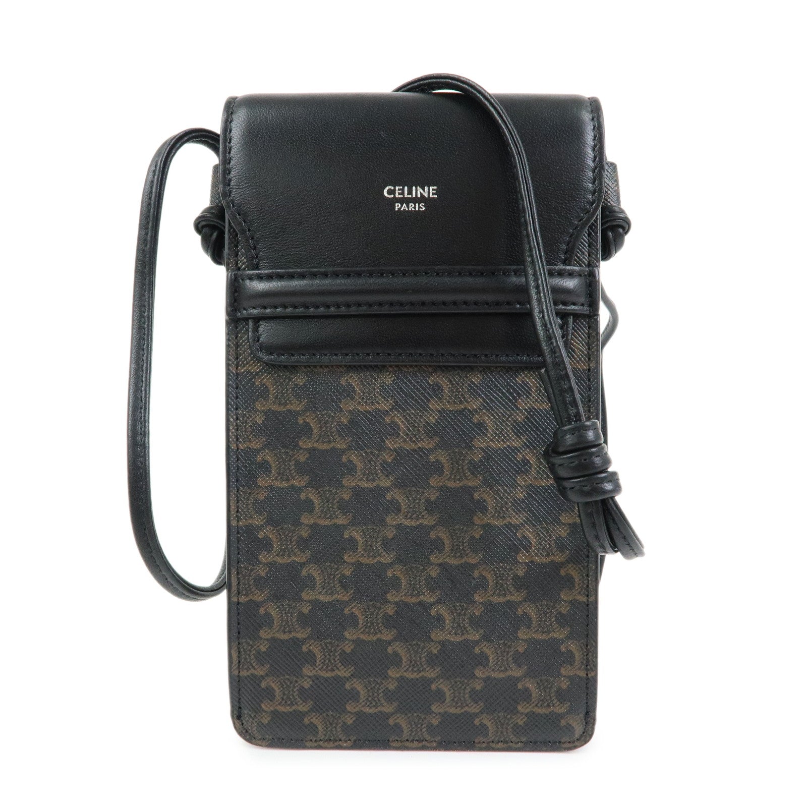 CELINE Triomphe PVC Leahter Mobile Pouch Phone Case Black Brown