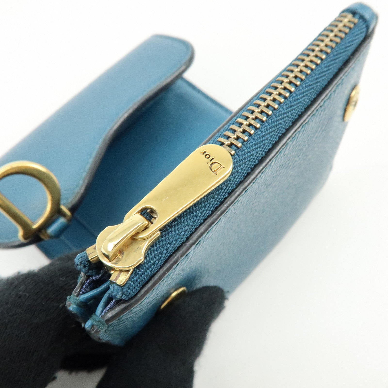 Christian Dior Saddle Leather Tri-Fold Compact Wallet Blue