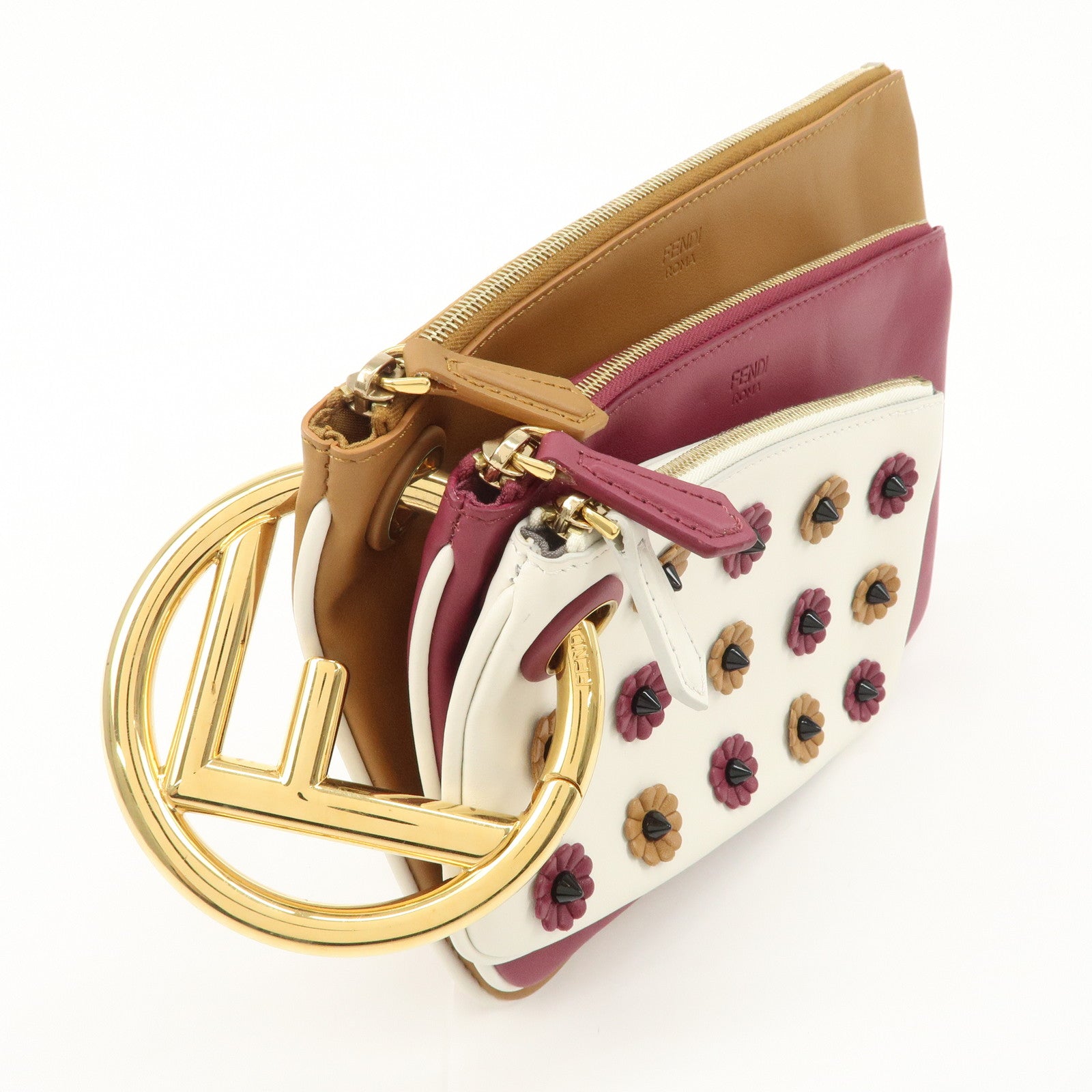 FENDI Leather Flower Studs Triplet Pouch Hand Bag 8BS001 Used