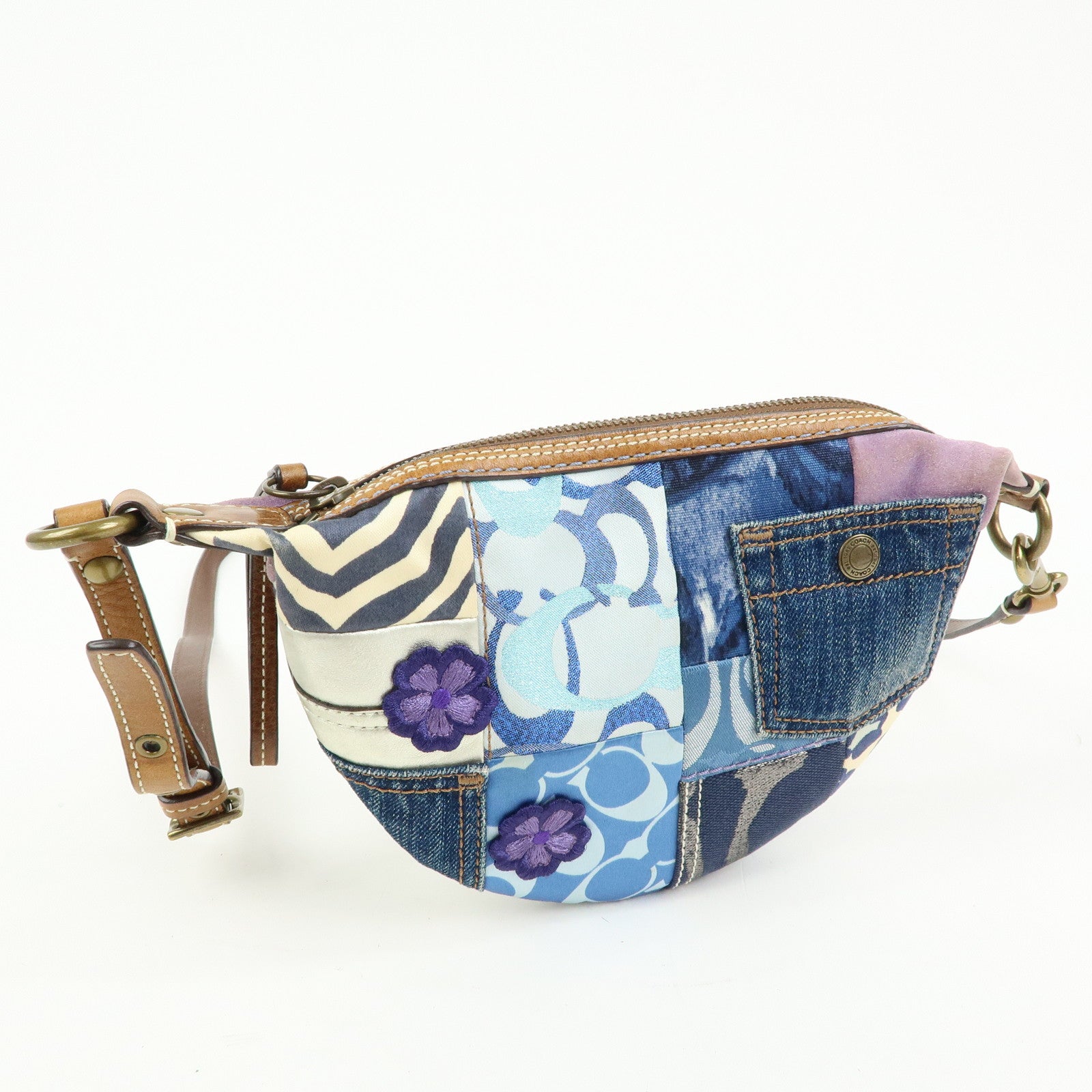 COACH Sigunature Canvas Silk Leather Patchwork Shoulder Bag Blue Brown