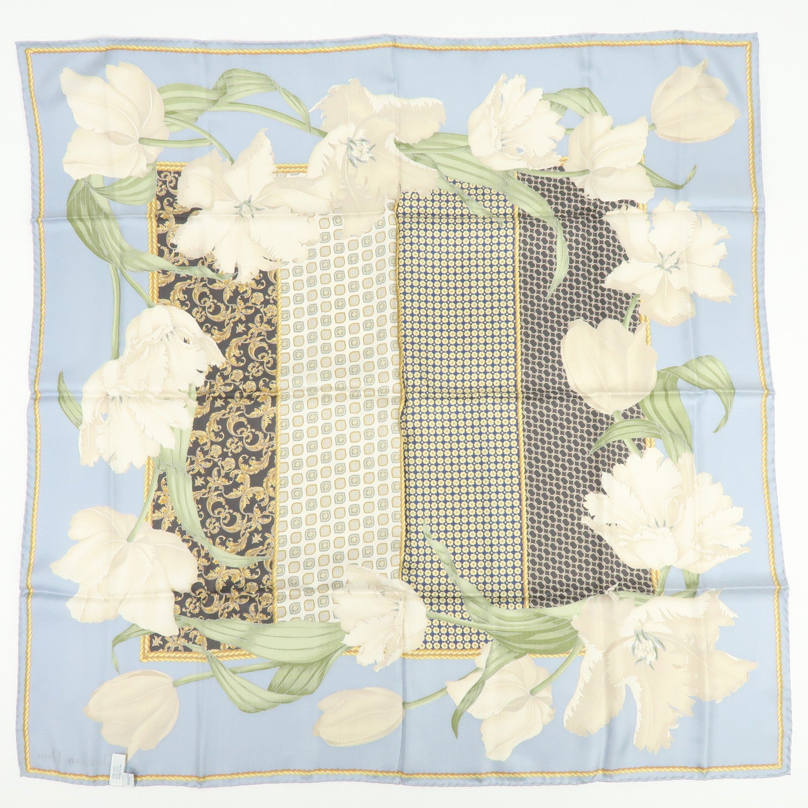 Christian Dior Silk 100% Scarf Tulips Geometric Pattern Blue Brown