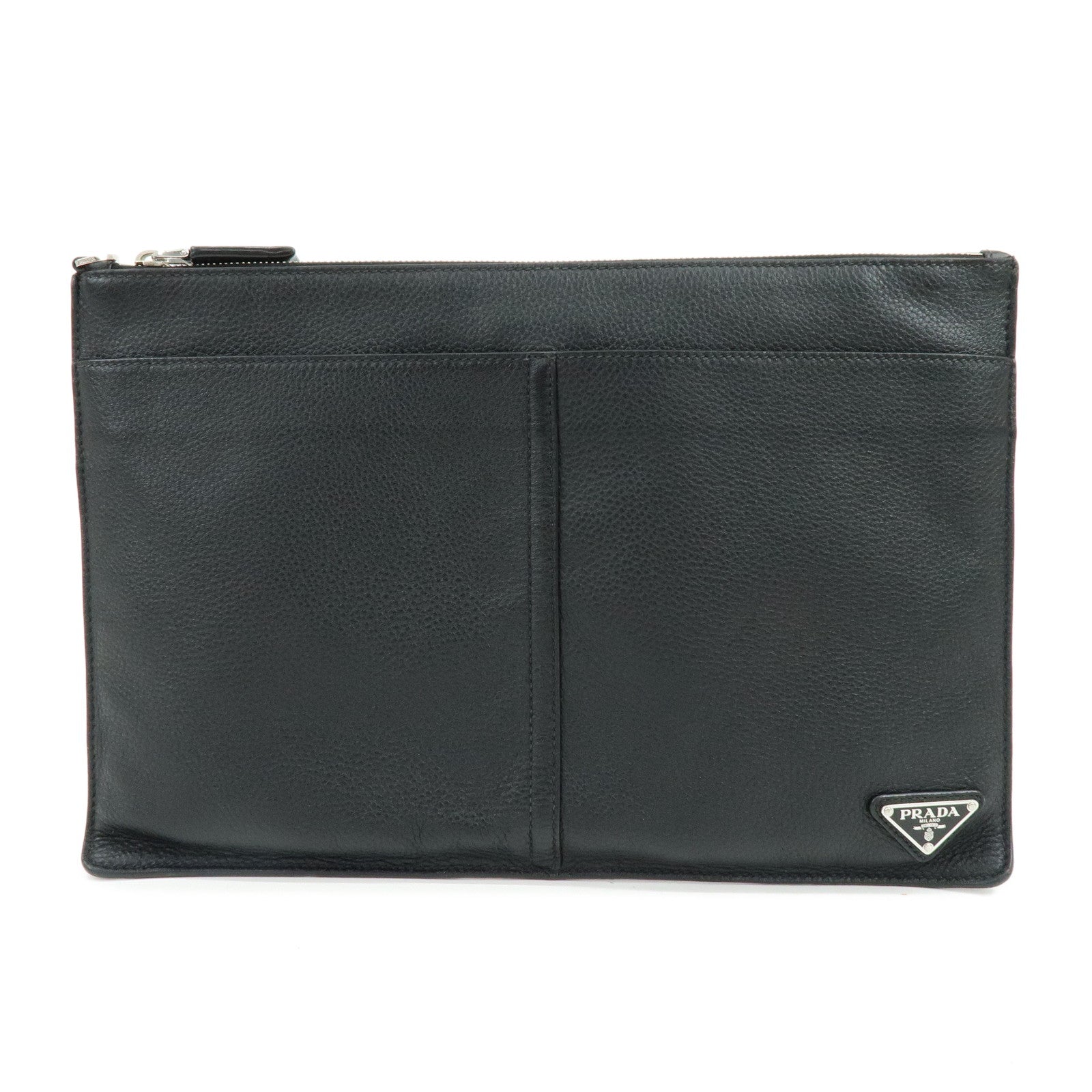 PRADA Triangle Logo Calf Leather Clutch Bag Flat Pouch Black 2VN013