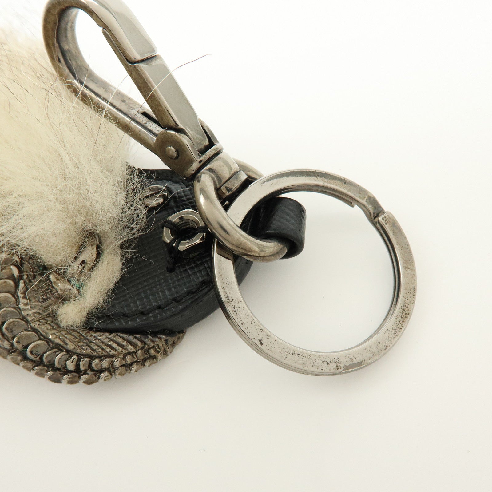 PRADA Triangle Log Saffiano Leather Fur Bag Charm Key Charm Beige