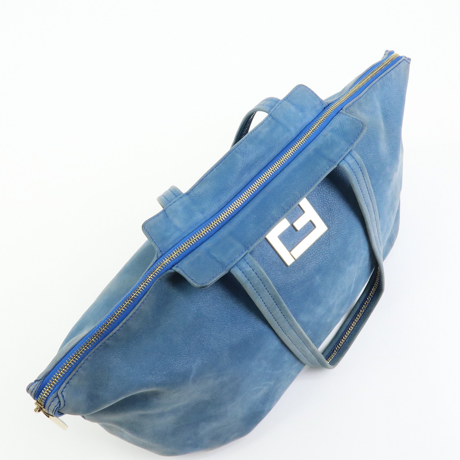 FENDI Lampo Leather Tote Bag Shoulder Bag Blue 8BR636
