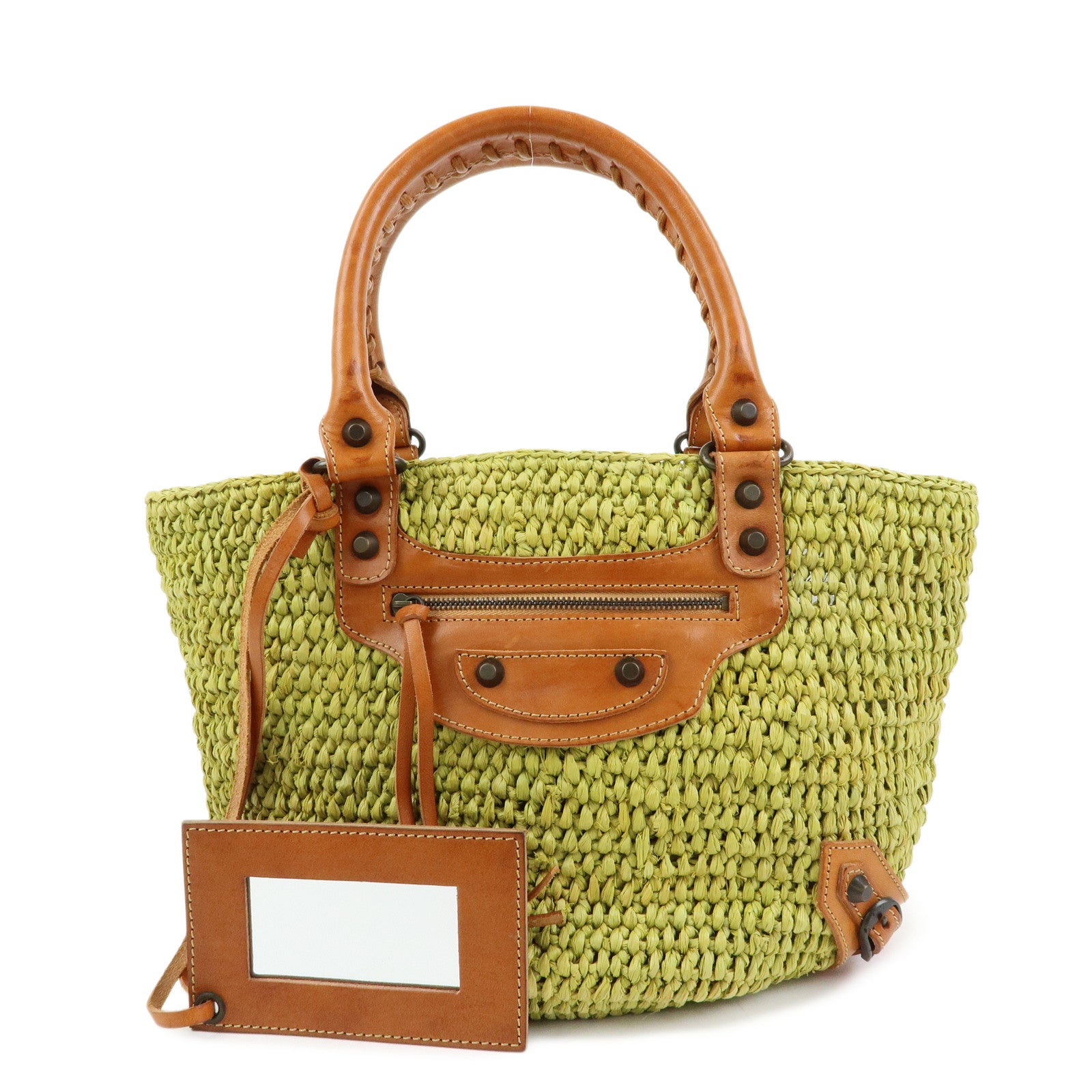 Balenciaga Panier Raffia Leather Basket Tote Bag Green Brown 236741
