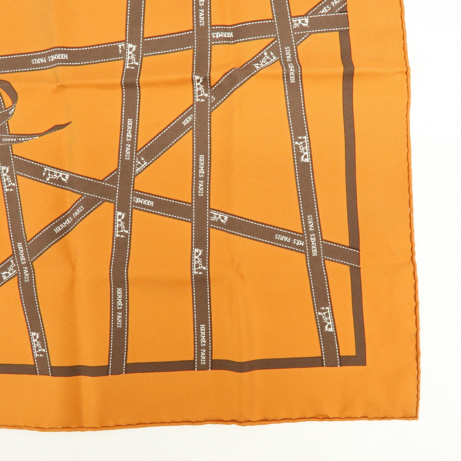 HERMES Carre 45 Bolduc Silk 100% Scarf Ribbon Pattern Orange Brown