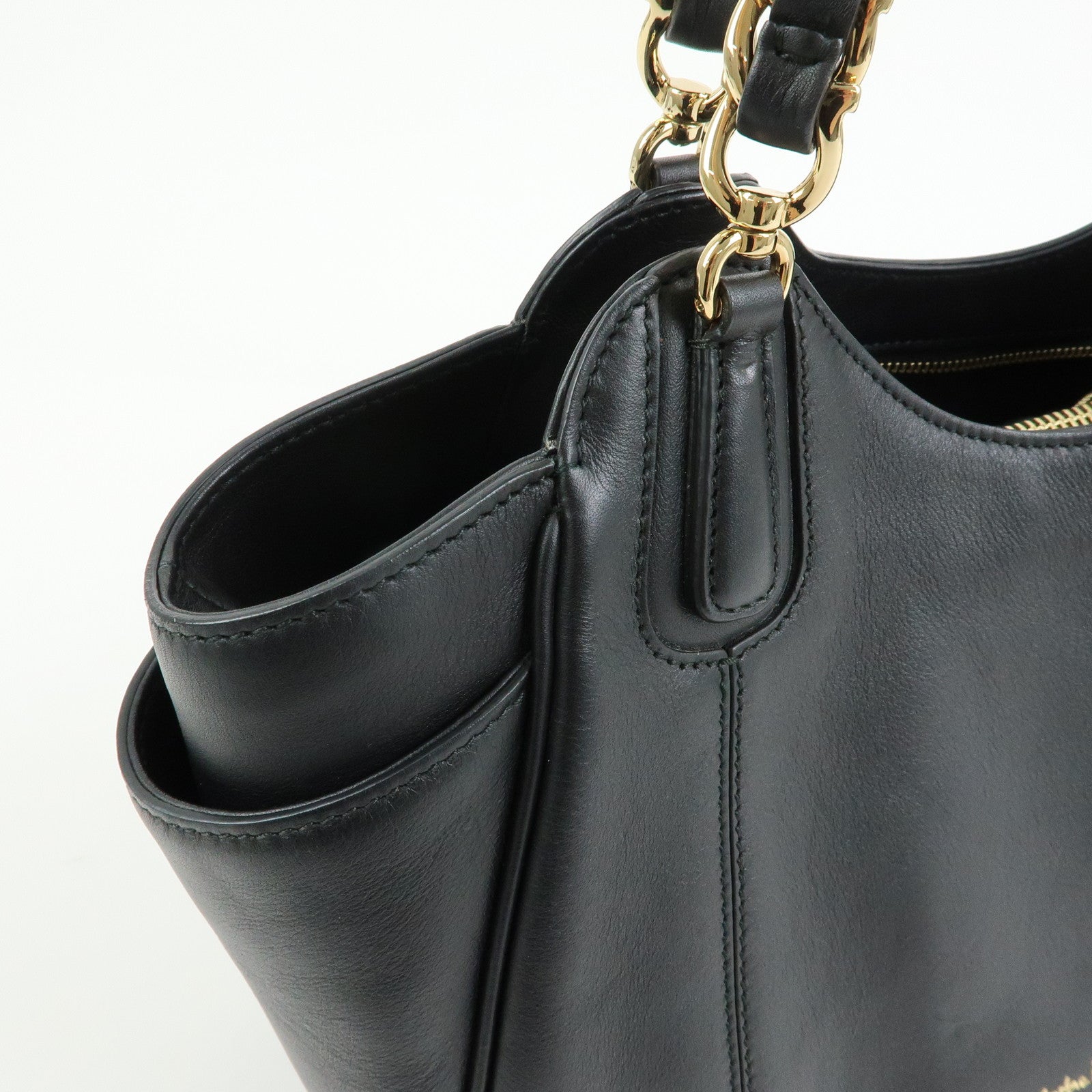 Ferragamo Gancini Leather Hand Bag Shoulder Bag Black 21 F077