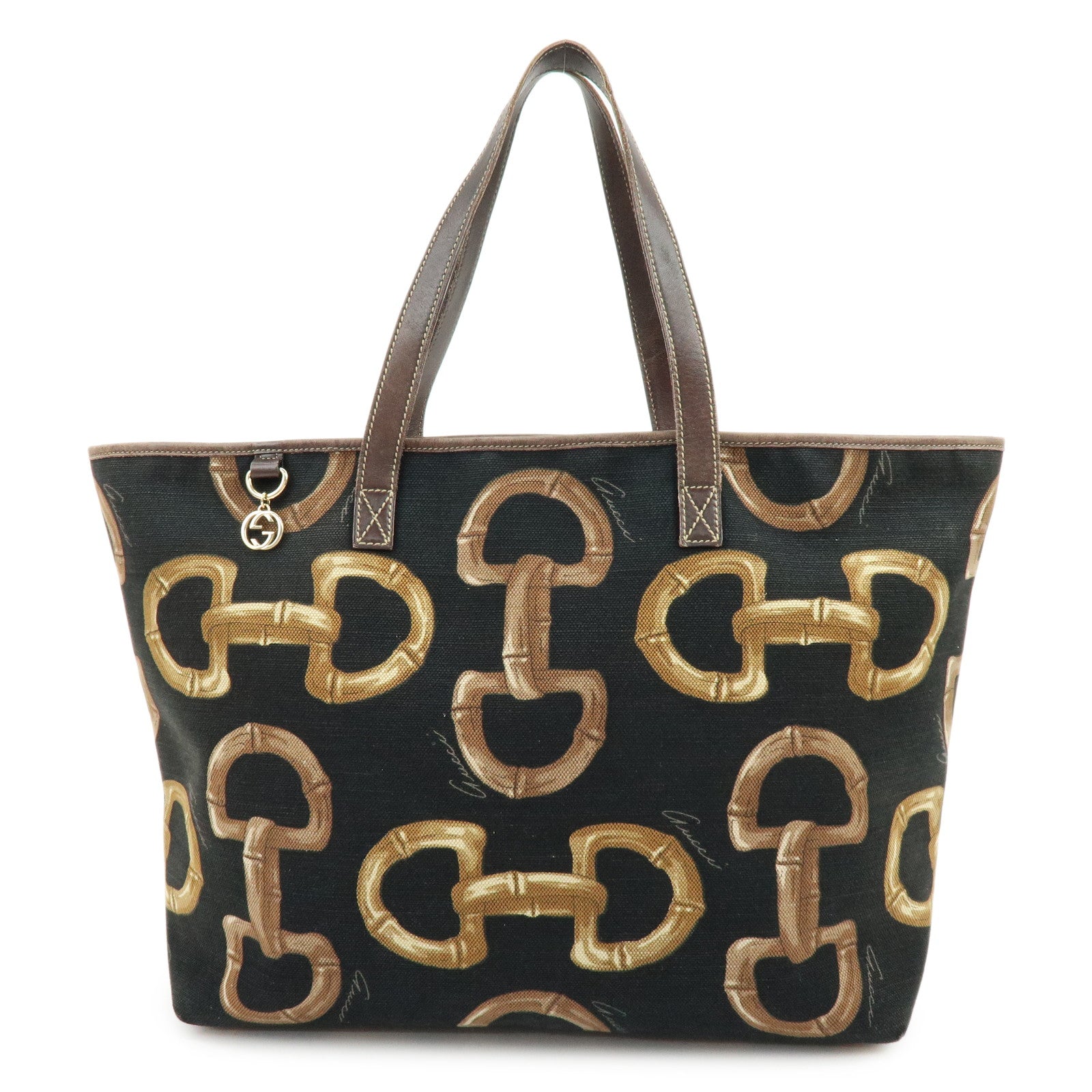 GUCCI Horsebit Interlocking G Canvas Leather Tote Bag Black 154402
