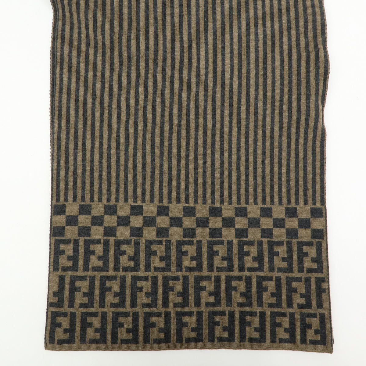 FENDI Zucca Pequin Wool 100% Knitted Shawl Scarf Brown