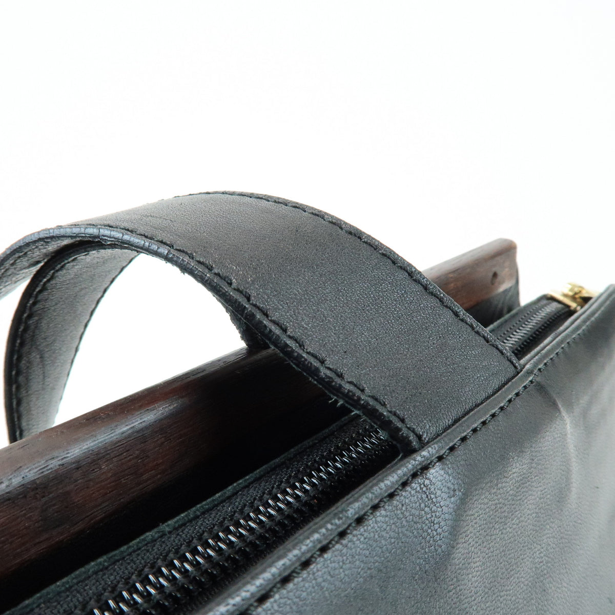 LOEWE Nappa Leather Wood Hand Bag Tote Bag Black Brown