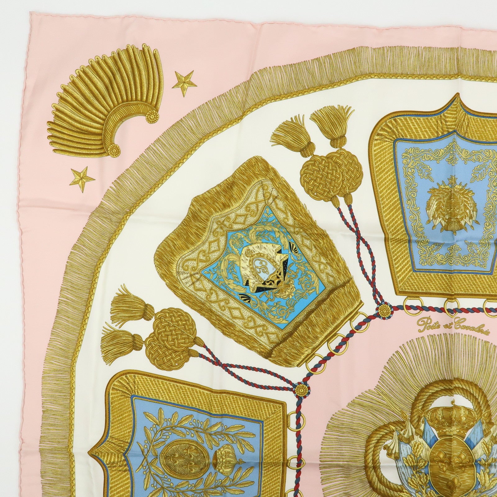 HERMES Carre 90 Silk 100% Scarf Poste et Cavalerie Light Pink Gold