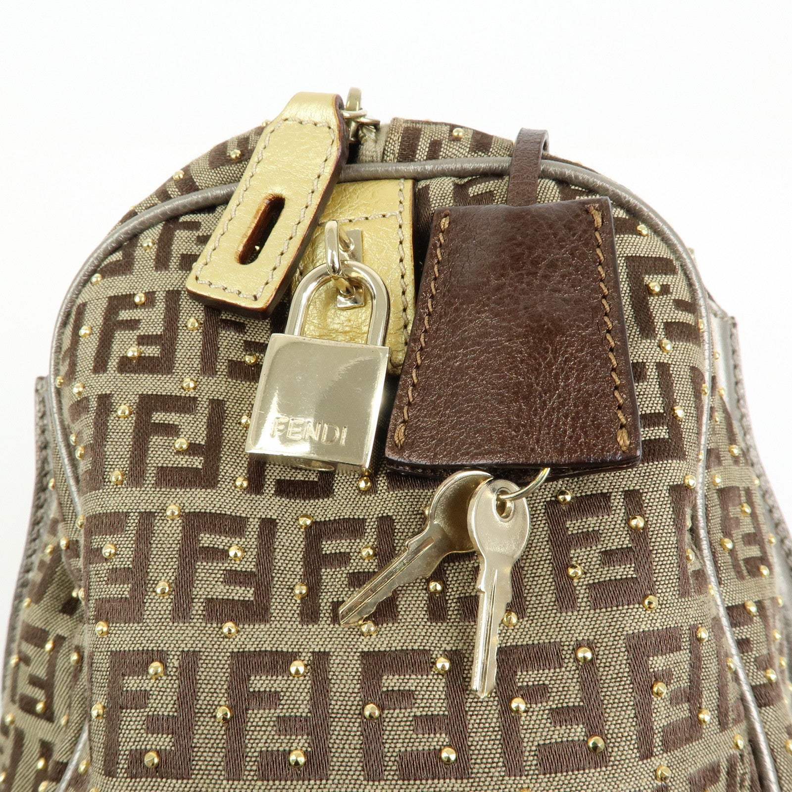 FENDI Zucchino Canvas Leather Boston Bag Hand Bag Beige Gold 8BL068
