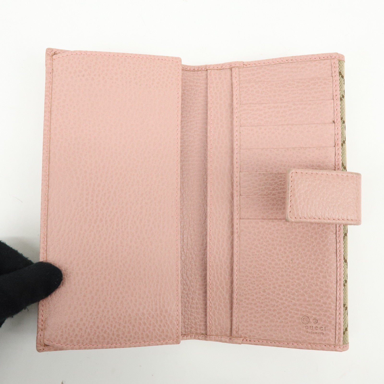GUCCI GG Canvas Leather W Hook Bi-fold Long Wallet Beige Pink 231841