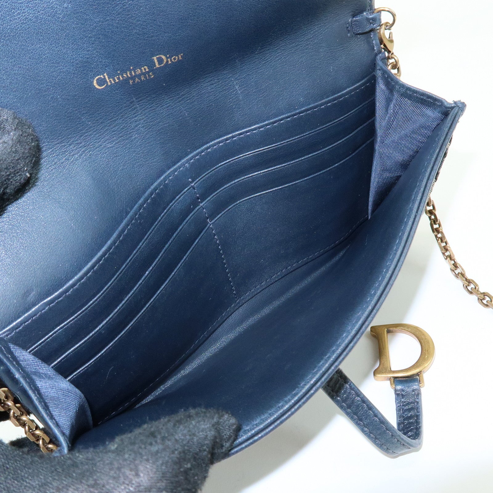 Christian Dior Oblique Saddle Canvas Leather Chain Wallet WOC Navy