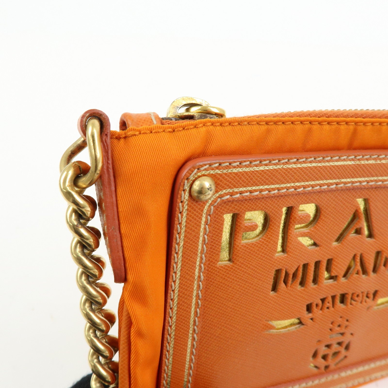 PRADA Nylon Leather Chain Shoulder Bag Crossbody Bag Papaya Orange
