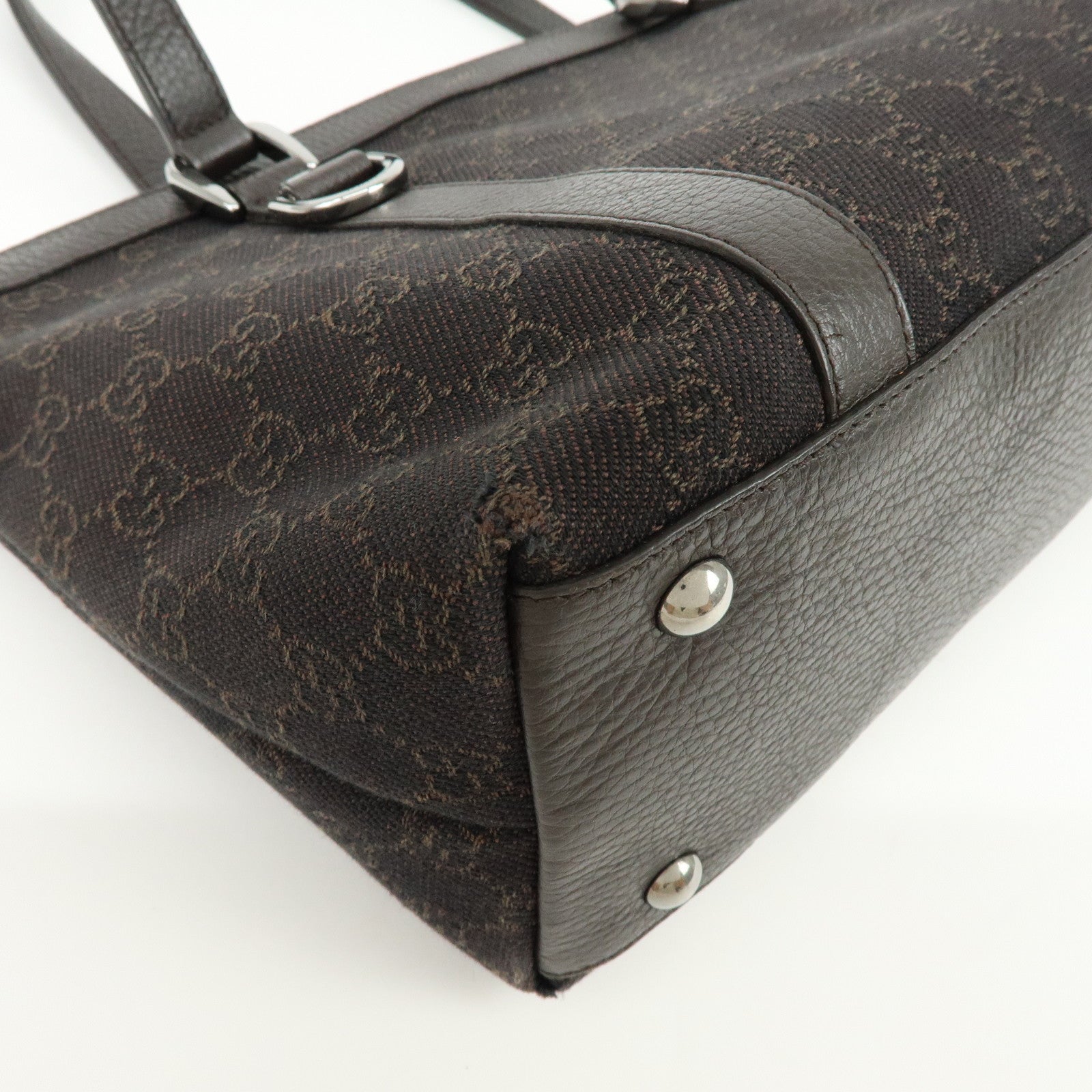 GUCCI Abbey GG Denim Leather Tote Bag Hand Bag Dark Brown 268640