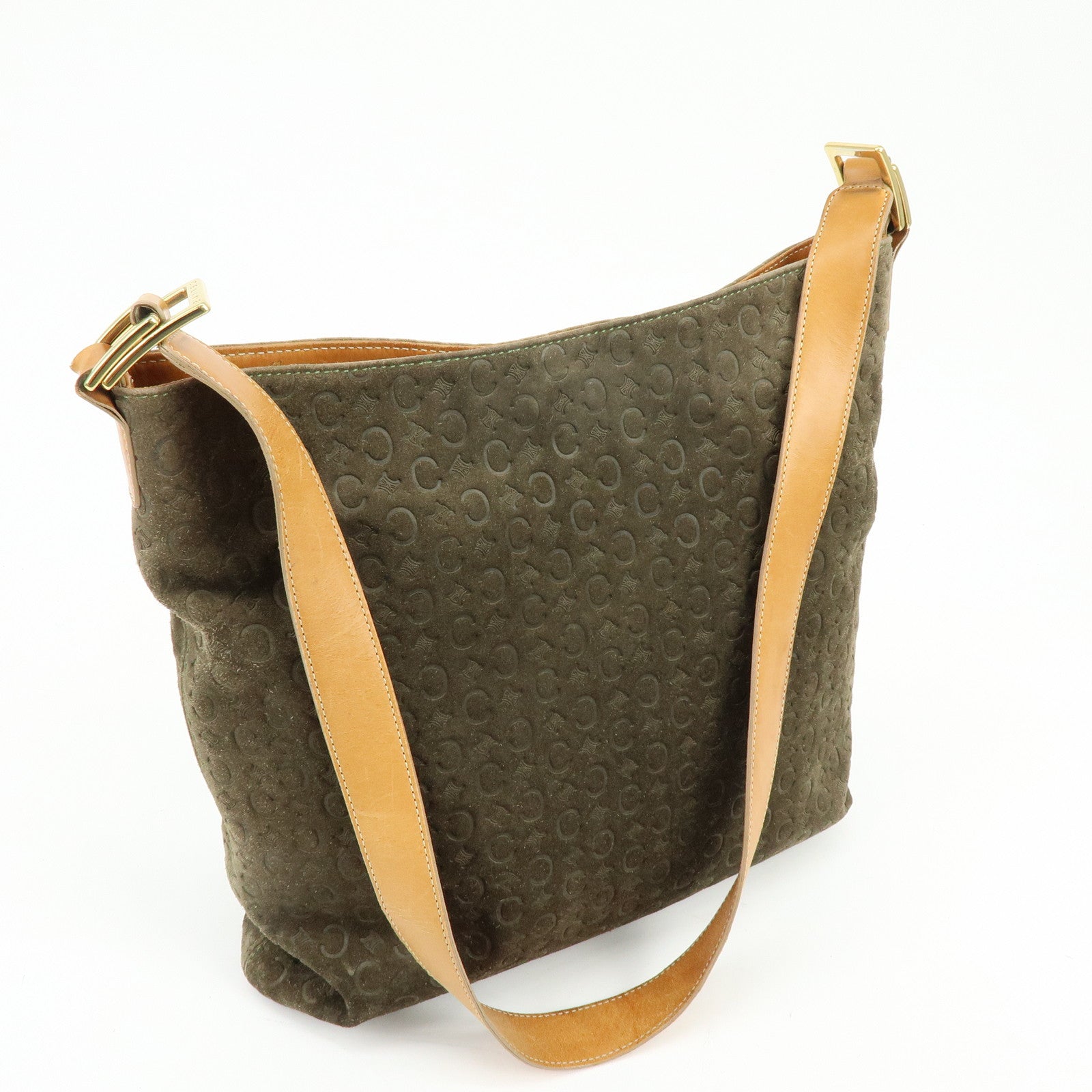 CELINE C Macadam Suede Leather Shoulder Bag Khaki