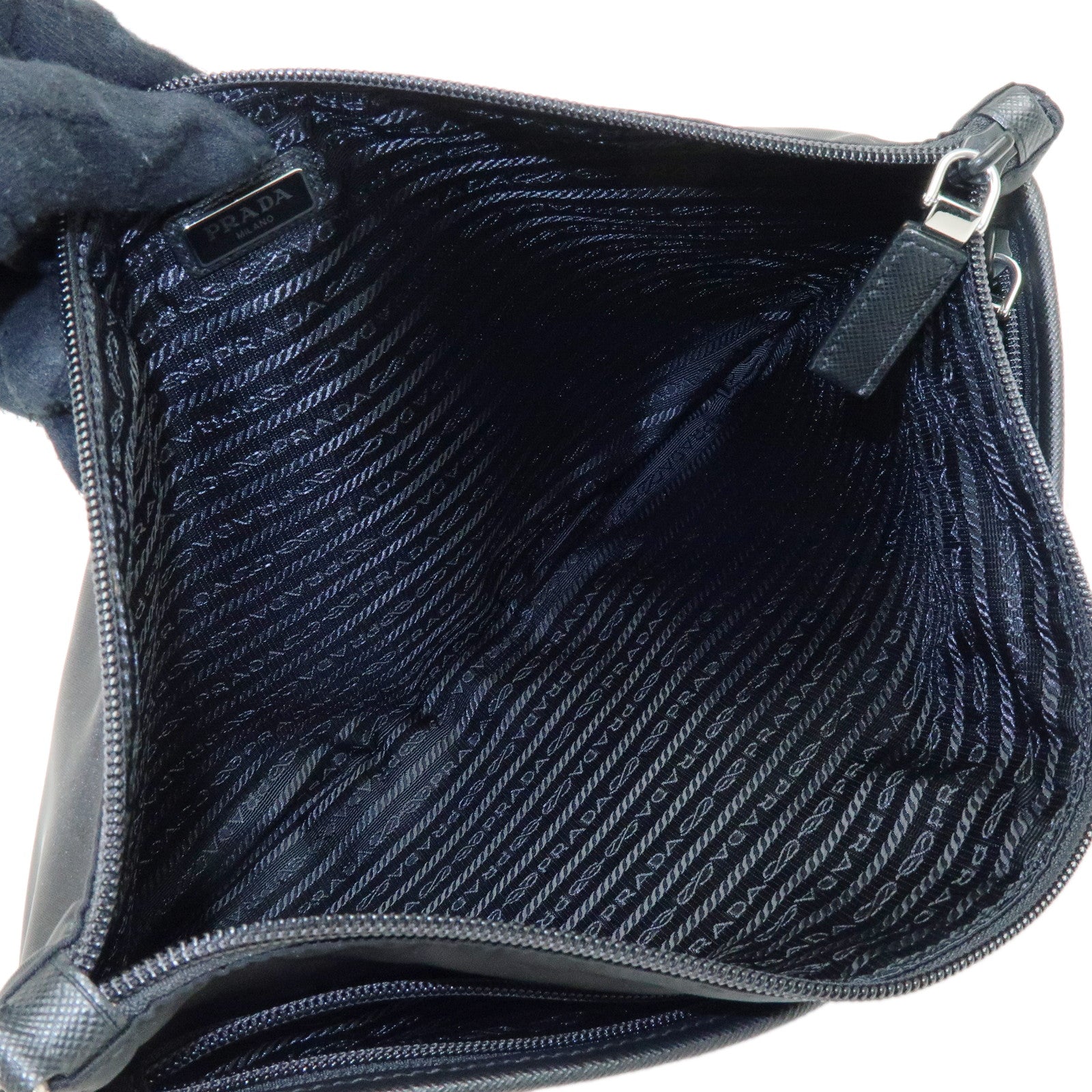 PRADA Triangle Logo Nylon Saffiano Leather Clutch Bag Black 2VN012