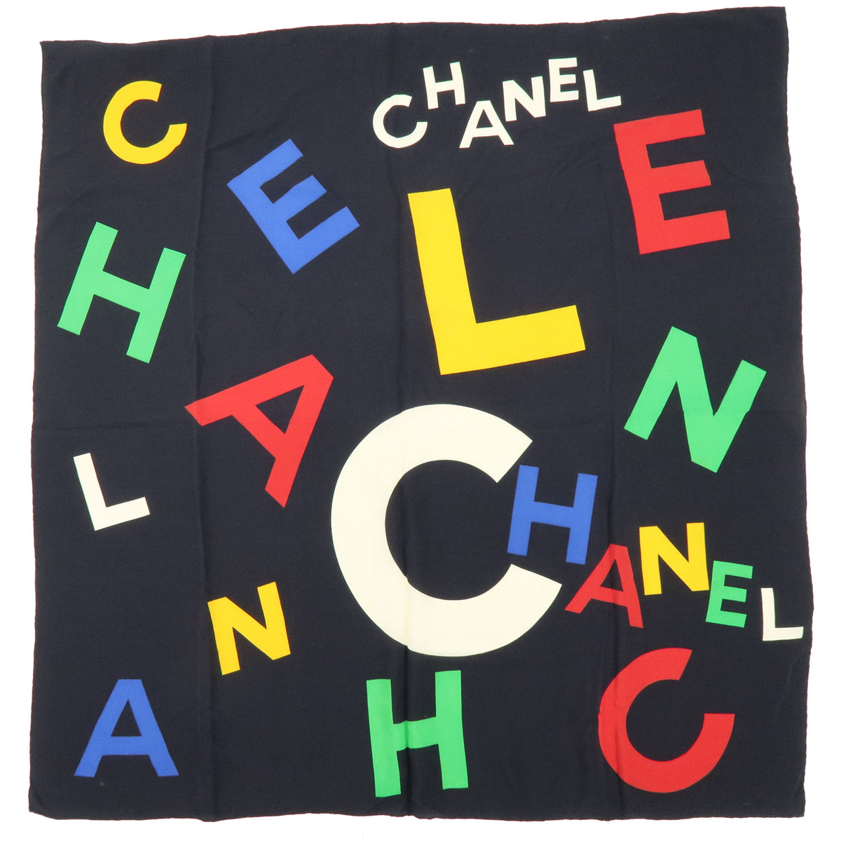 CHANEL Logo Silk 100% Scarf Black Multicolor