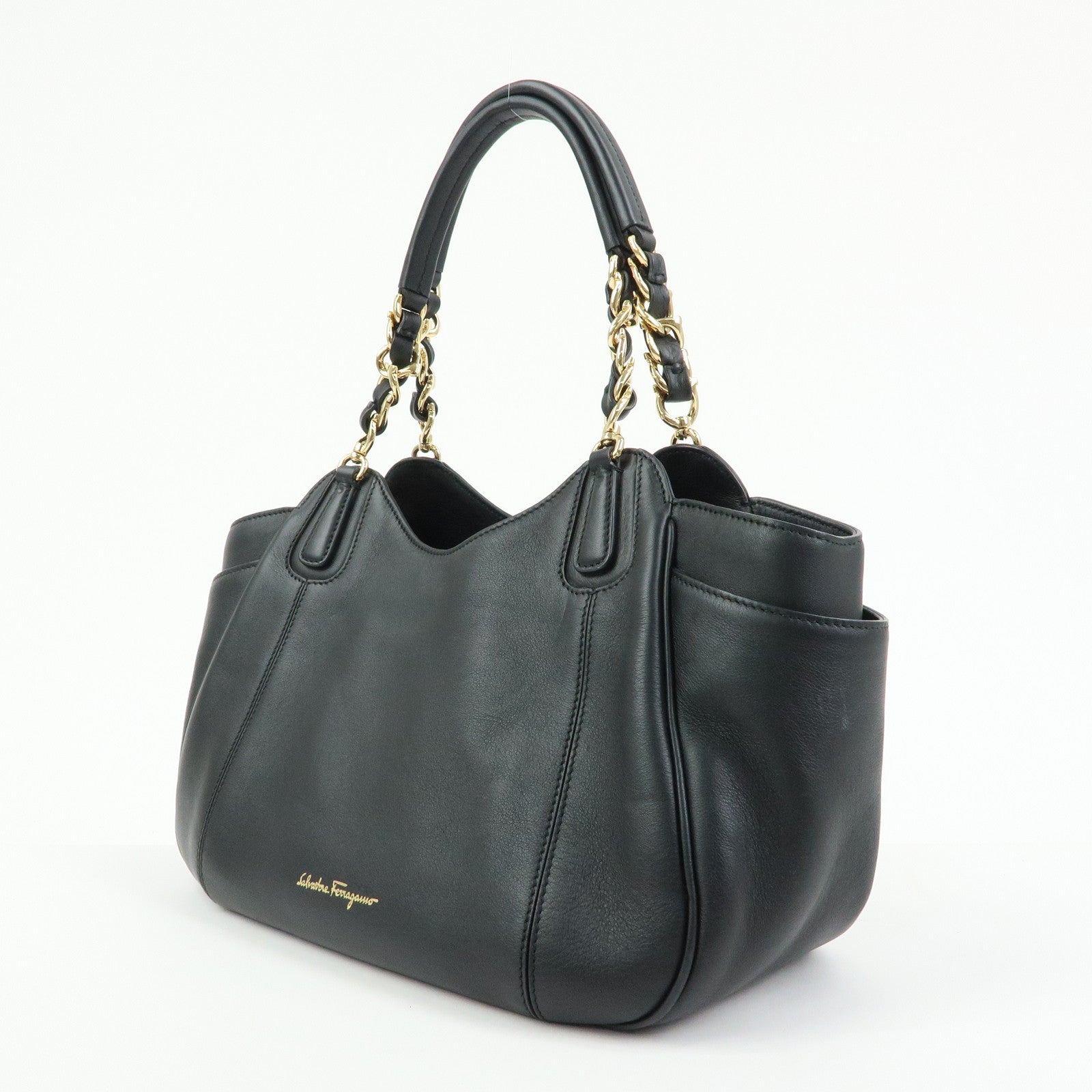 Ferragamo Gancini Leather Hand Bag Shoulder Bag Black 21 F077